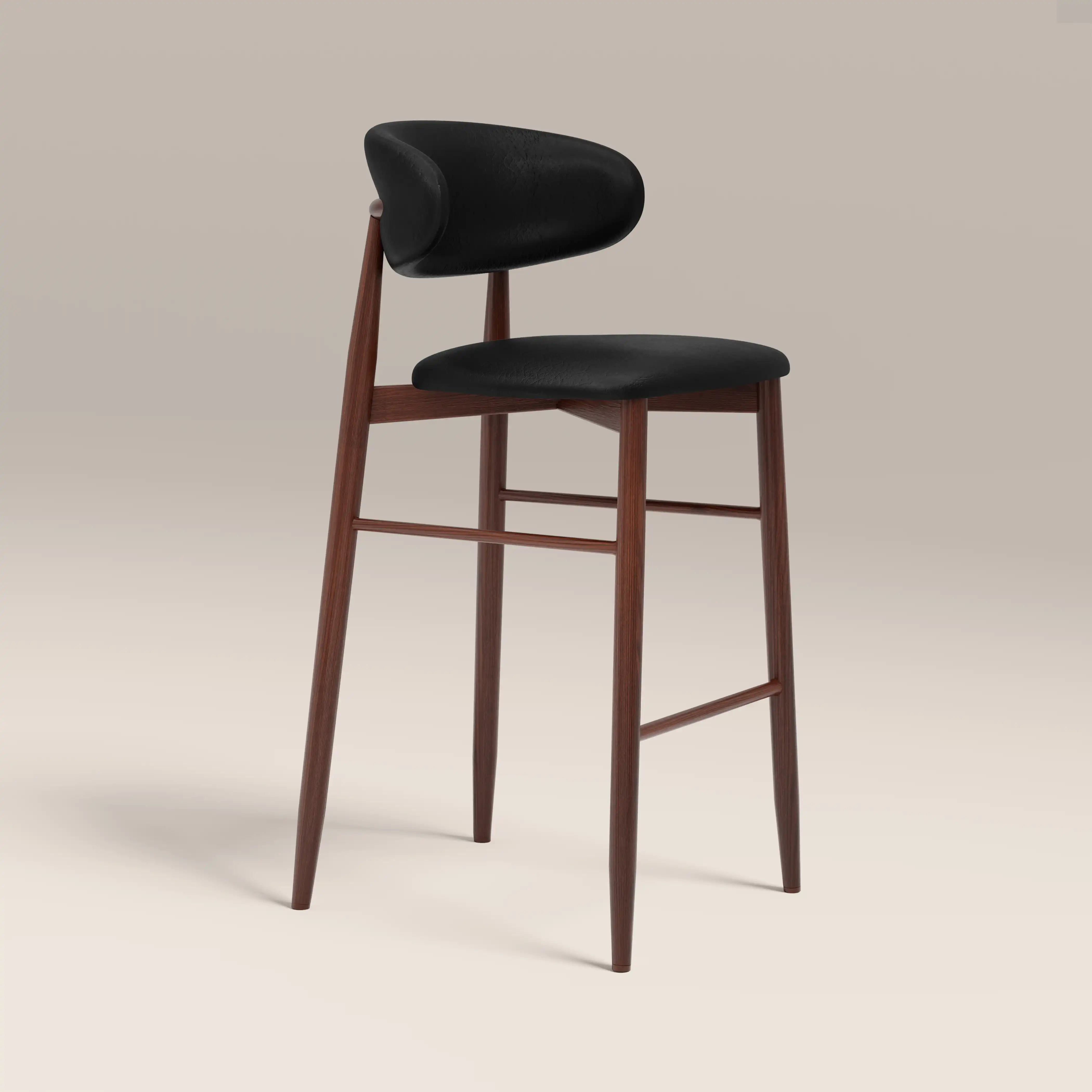 Halston Bar Stool, Vintage Black Faux Leather & Walnut | Cult