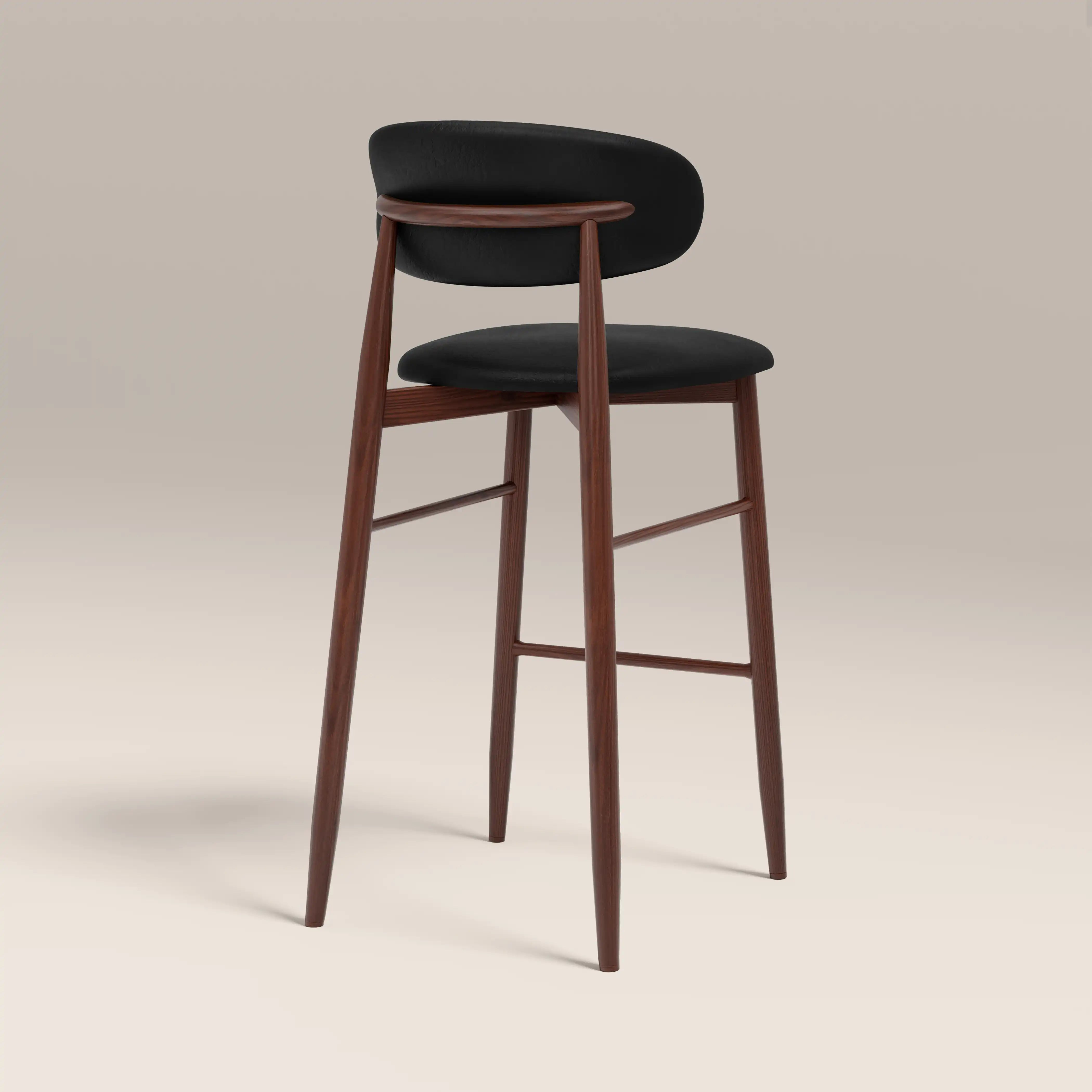 Halston Bar Stool, Vintage Black Faux Leather & Walnut | Cult