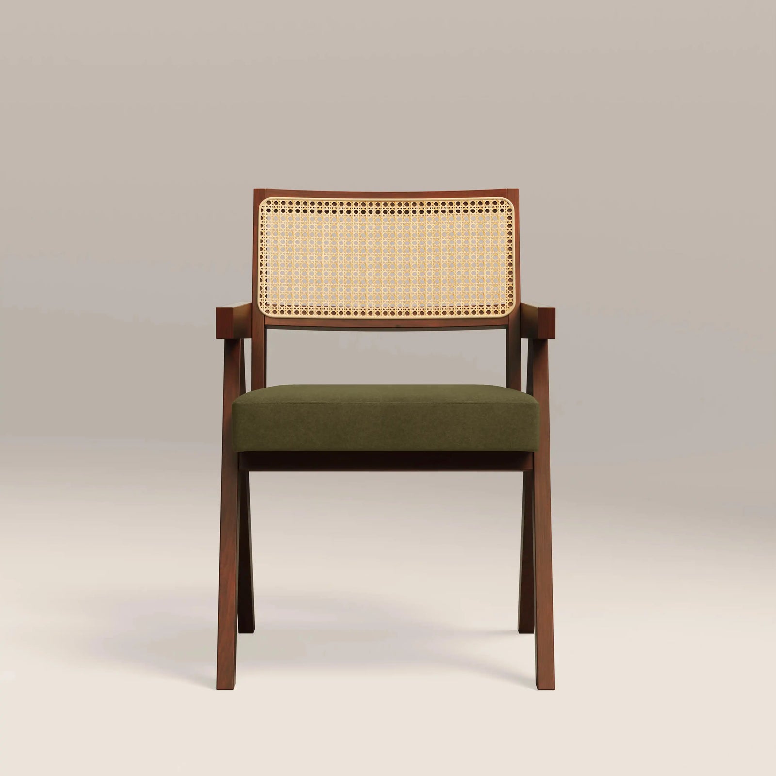 Cary Wooden Carver Dining Chair | Moss Green Sustainable Mohair Velvet & Walnut