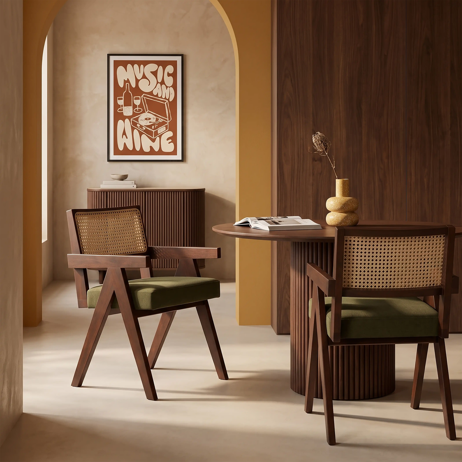 Cary Wooden Carver Dining Chair | Moss Green Sustainable Mohair Velvet & Walnut