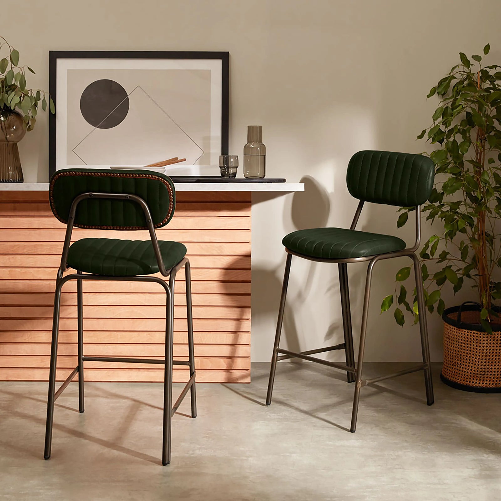 Boston Kitchen Stool With Backrest | Dark Green Faux Leather & Gunmetal