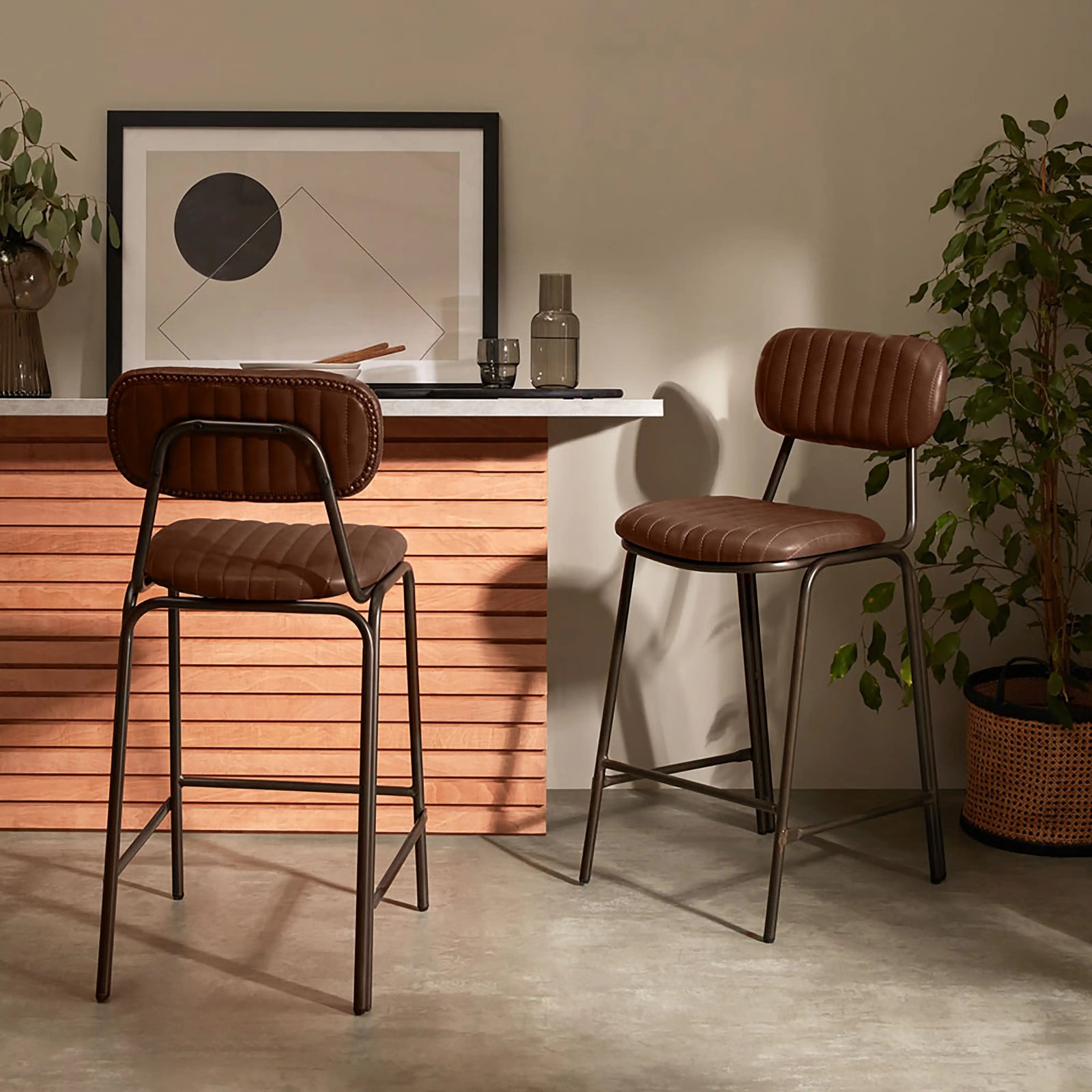 Boston Kitchen Stool With Backrest | Tan Faux Leather & Gunmetal