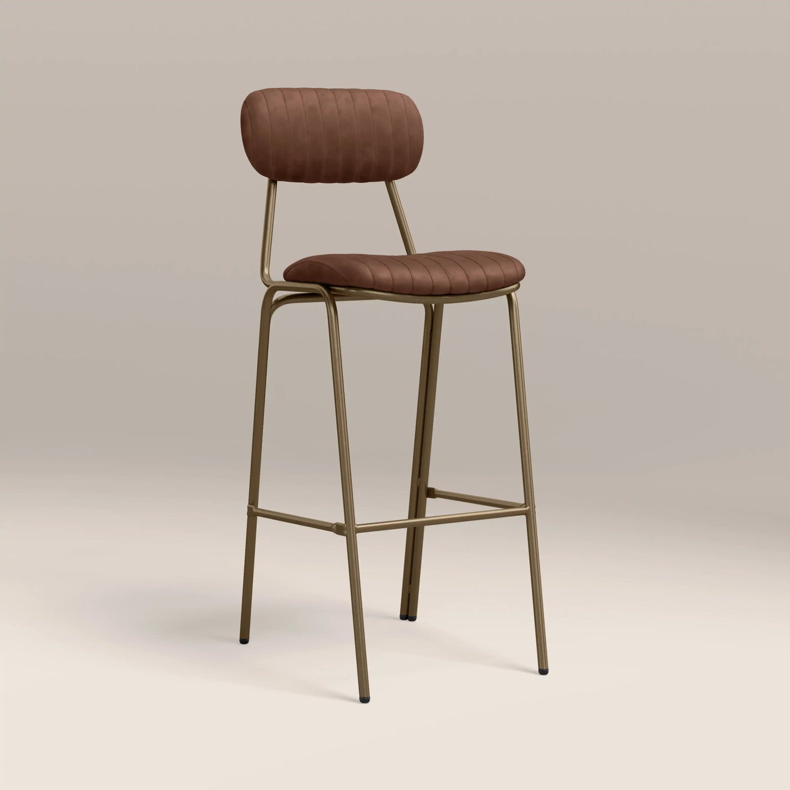 Boston Bar Stool With Backrest | Vintage Tan Faux Leather & Brass
