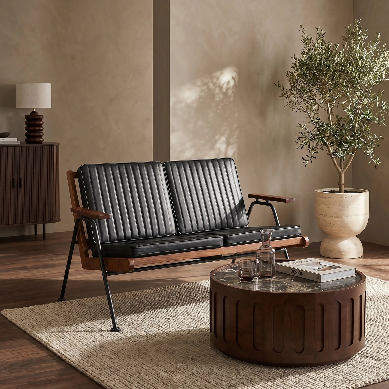 Wickham 2 Seater Sofa | Black Faux Leather & Walnut