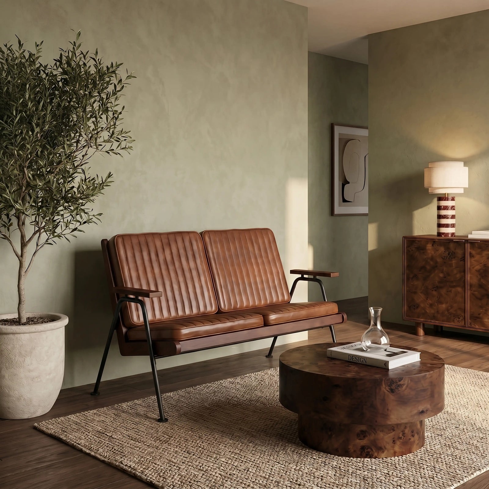 Wickham 2 Seater Sofa | Brown Faux Leather & Walnut