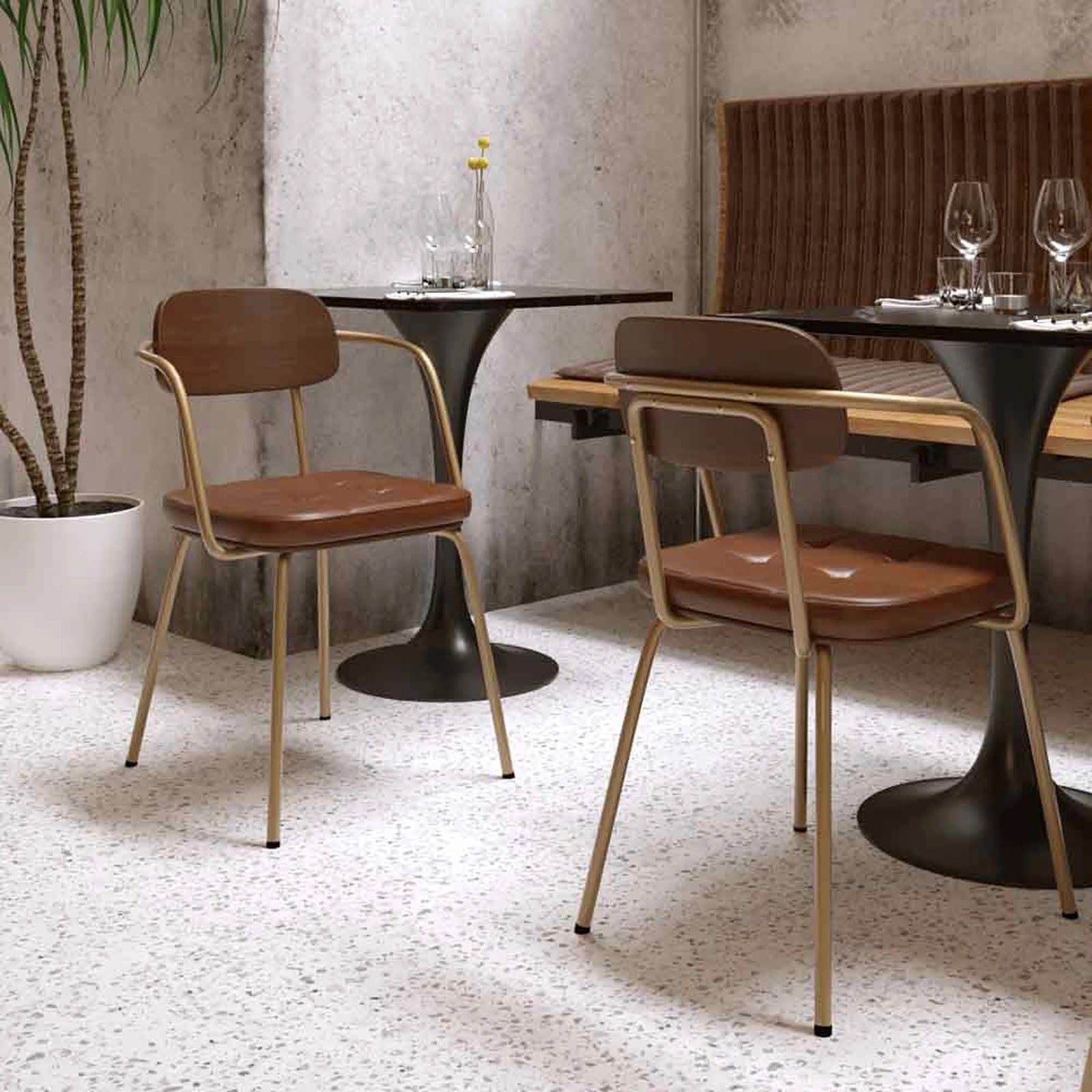 Maddox Carver Dining Chair | Vintage Tan Faux Leather & Brass