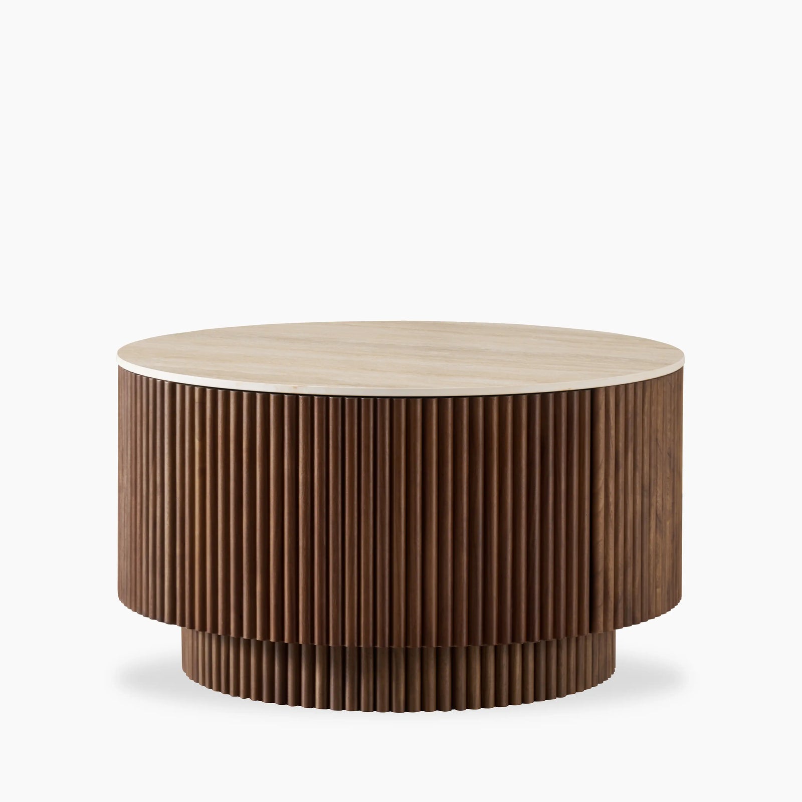 Everly Round Storage Coffee Table | Natural Travertine Effect Sintered Stone & Walnut