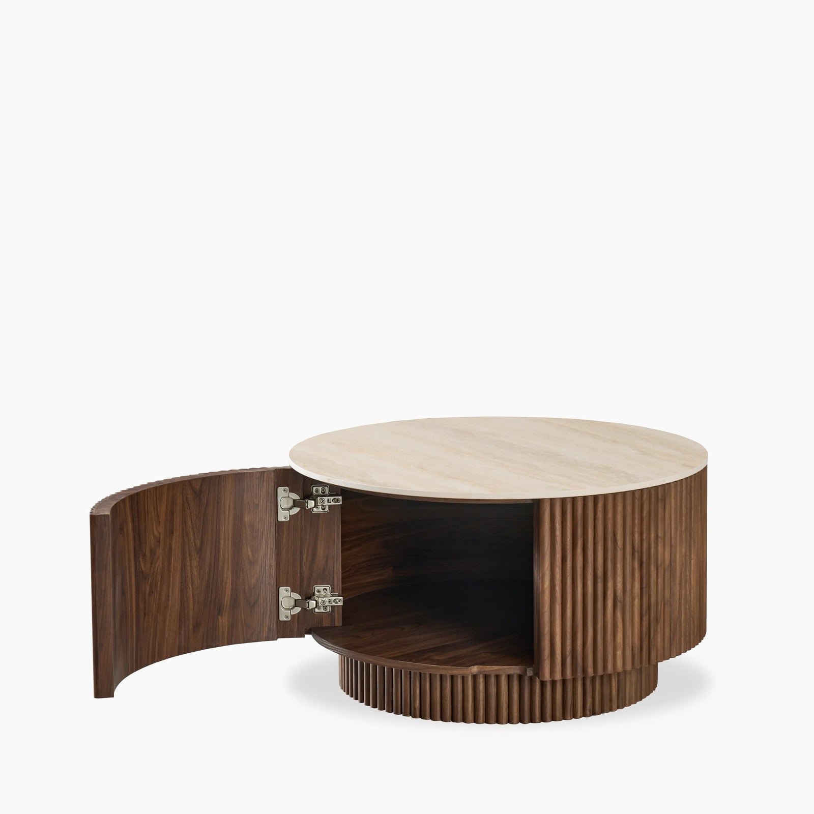 Everly Round Storage Coffee Table | Natural Travertine Effect Sintered Stone & Walnut