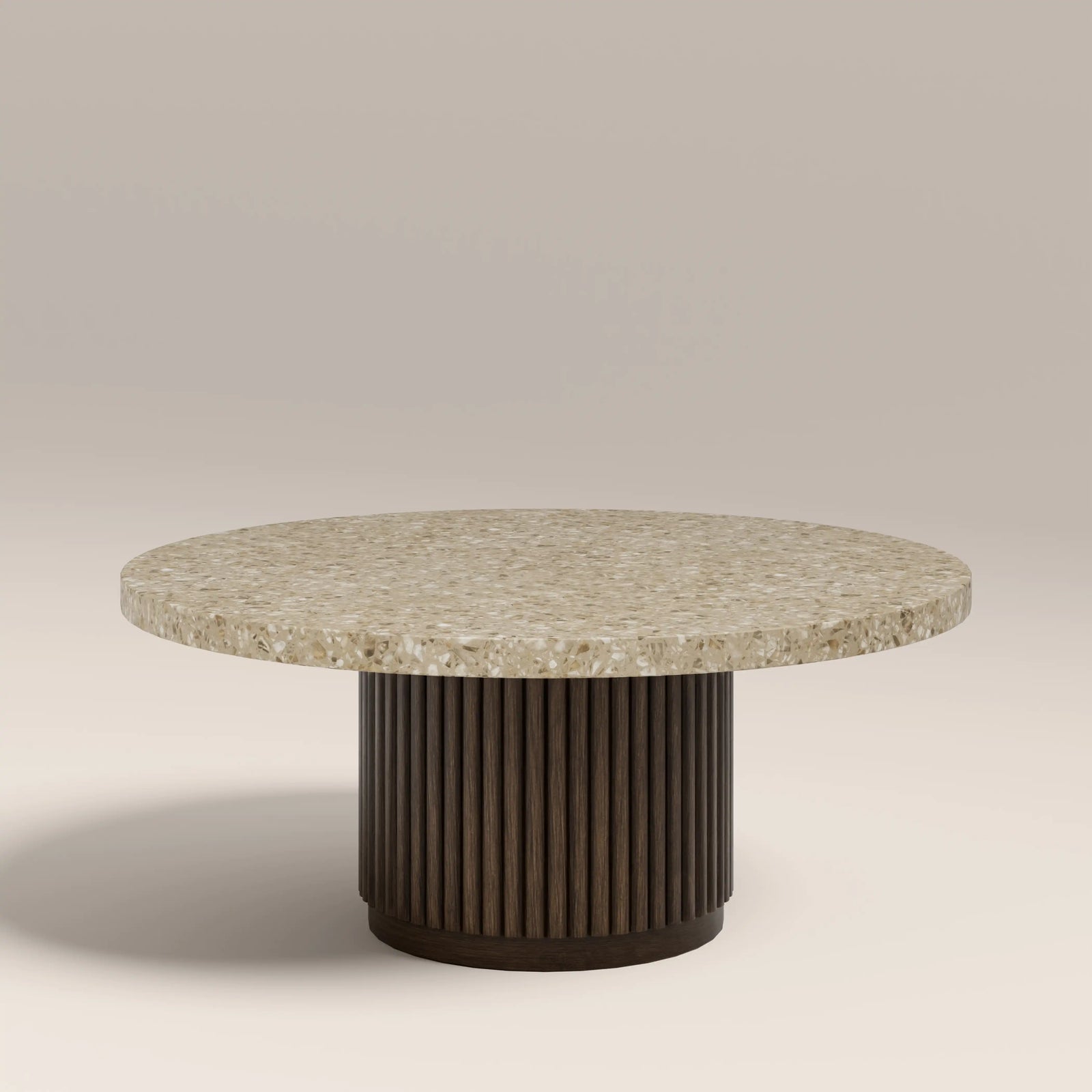 Pedersen Round Coffee Table | Cappuccino Brown Riverstone Marble & Walnut