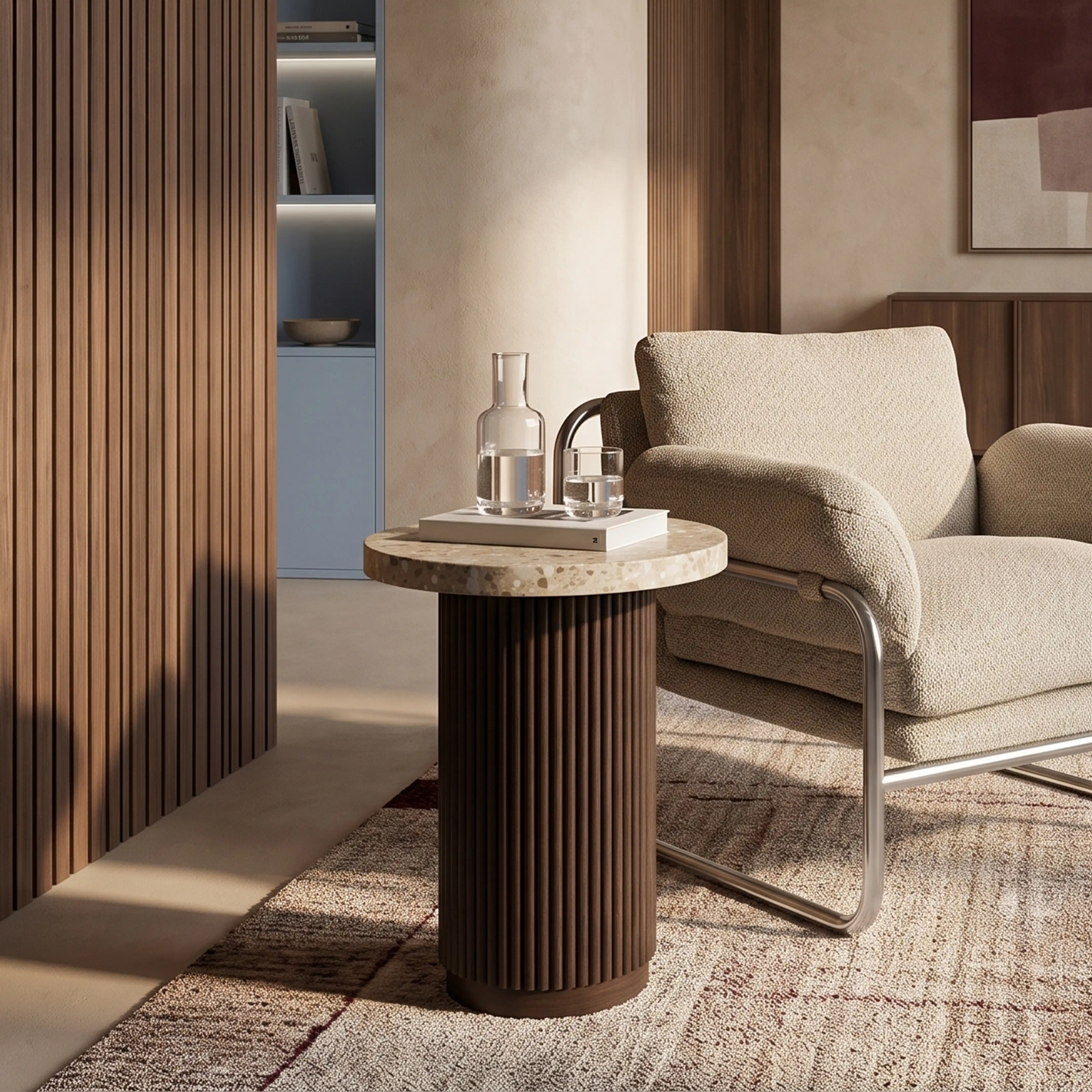 Pedersen Round Side Table | Cappuccino Brown Riverstone Marble & Walnut