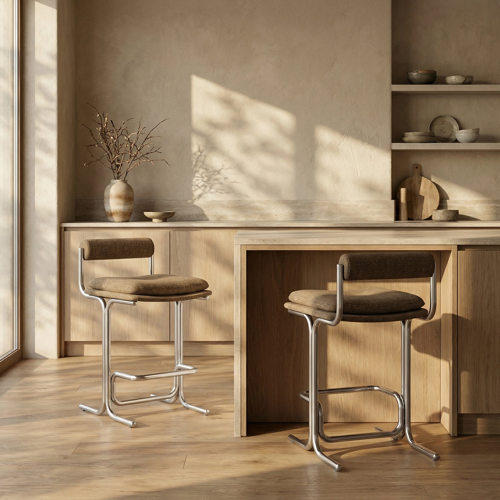 Wilbur Kitchen Stool | Speckled Cappuccino Boucle & Brushed Chrome