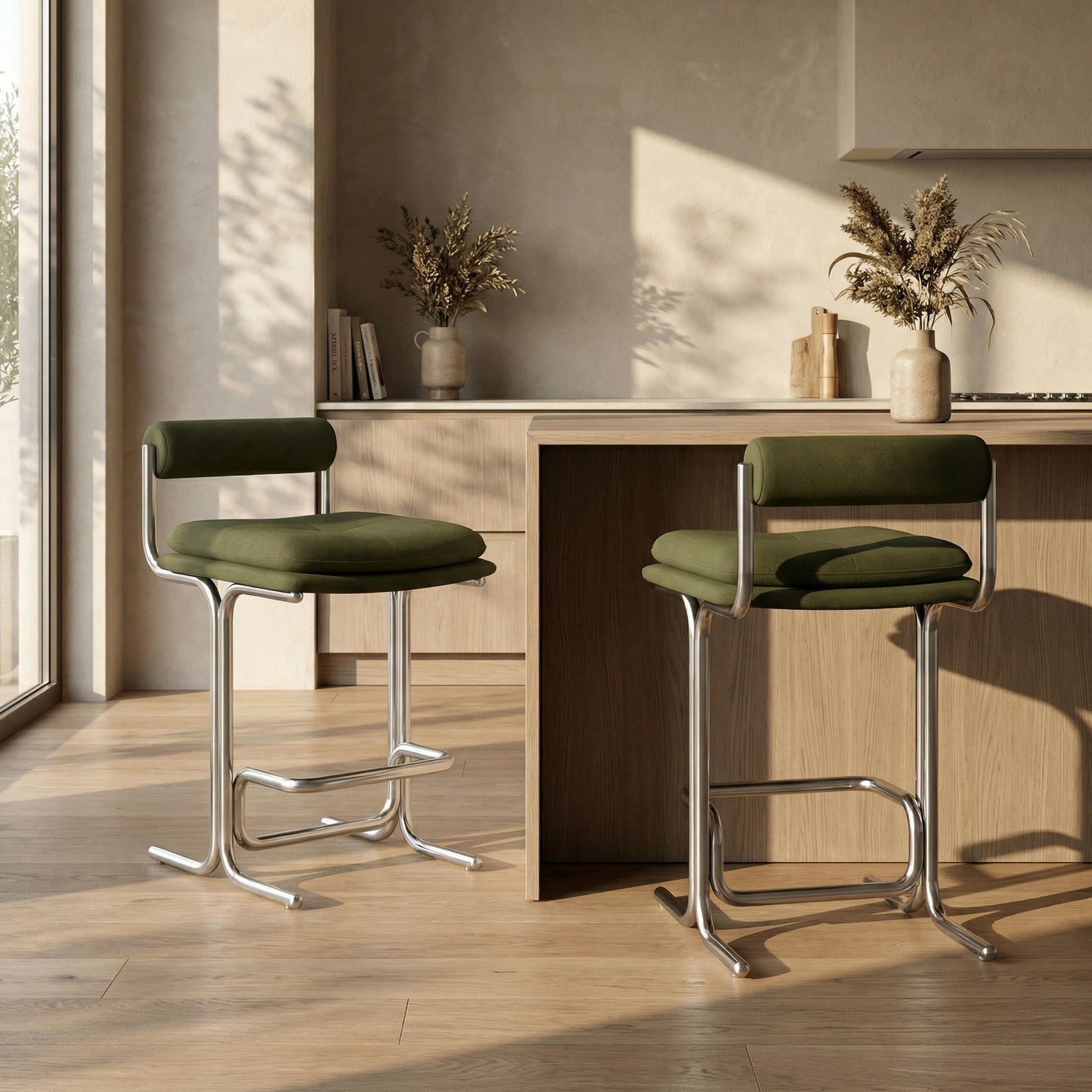 Wilbur Kitchen Stool | Olive Green Sustainable Velvet & Brushed Chrome