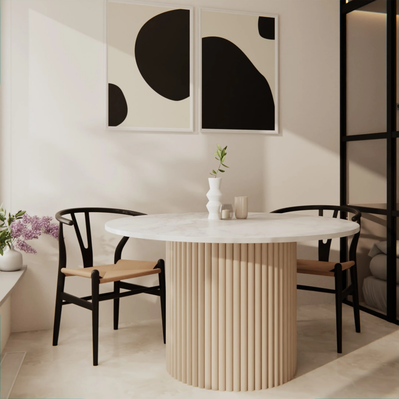 Medby 4 Seat Round Dining Table | White Marble & Taupe