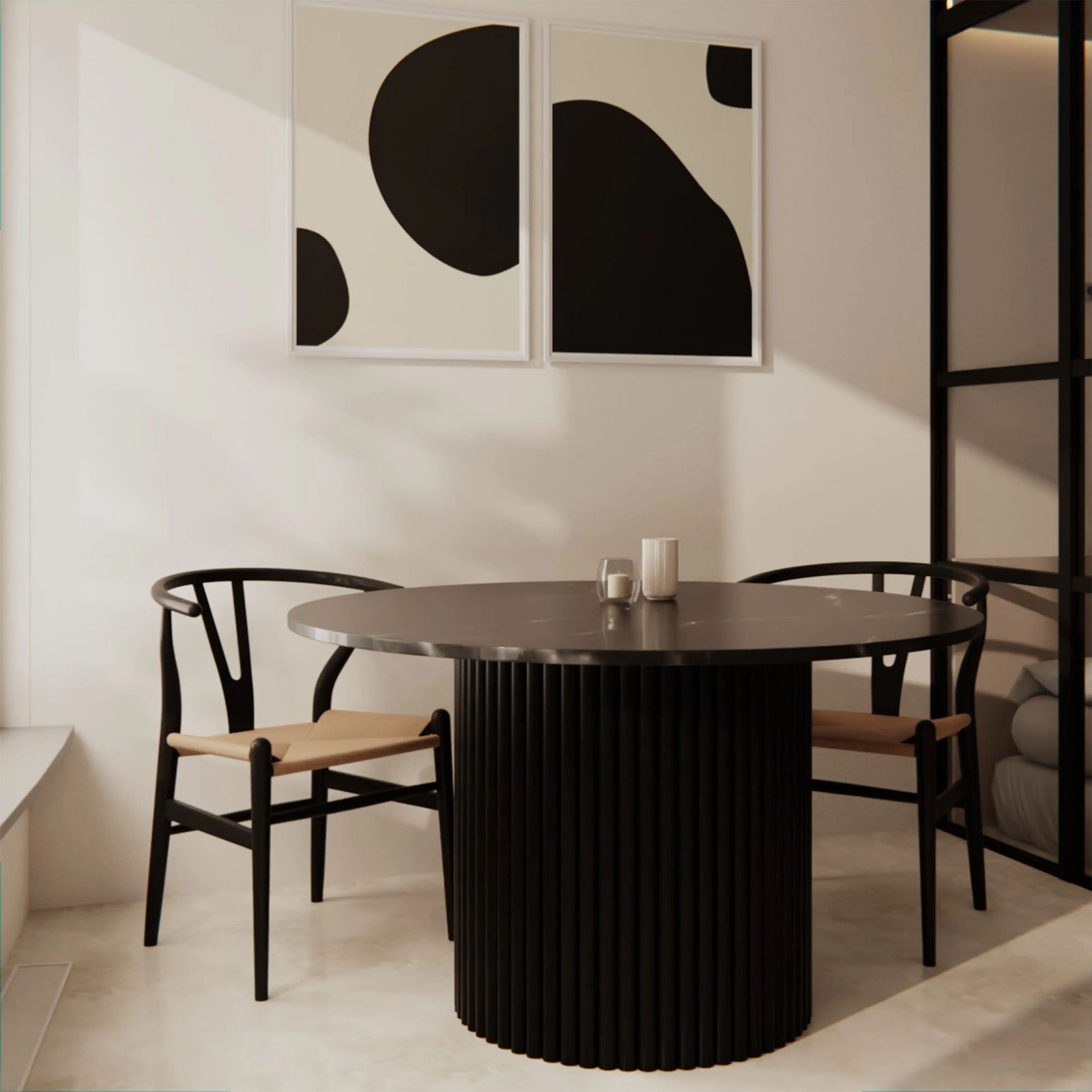 Medby 4 Seat Round Dining Table | Black Marble & Black