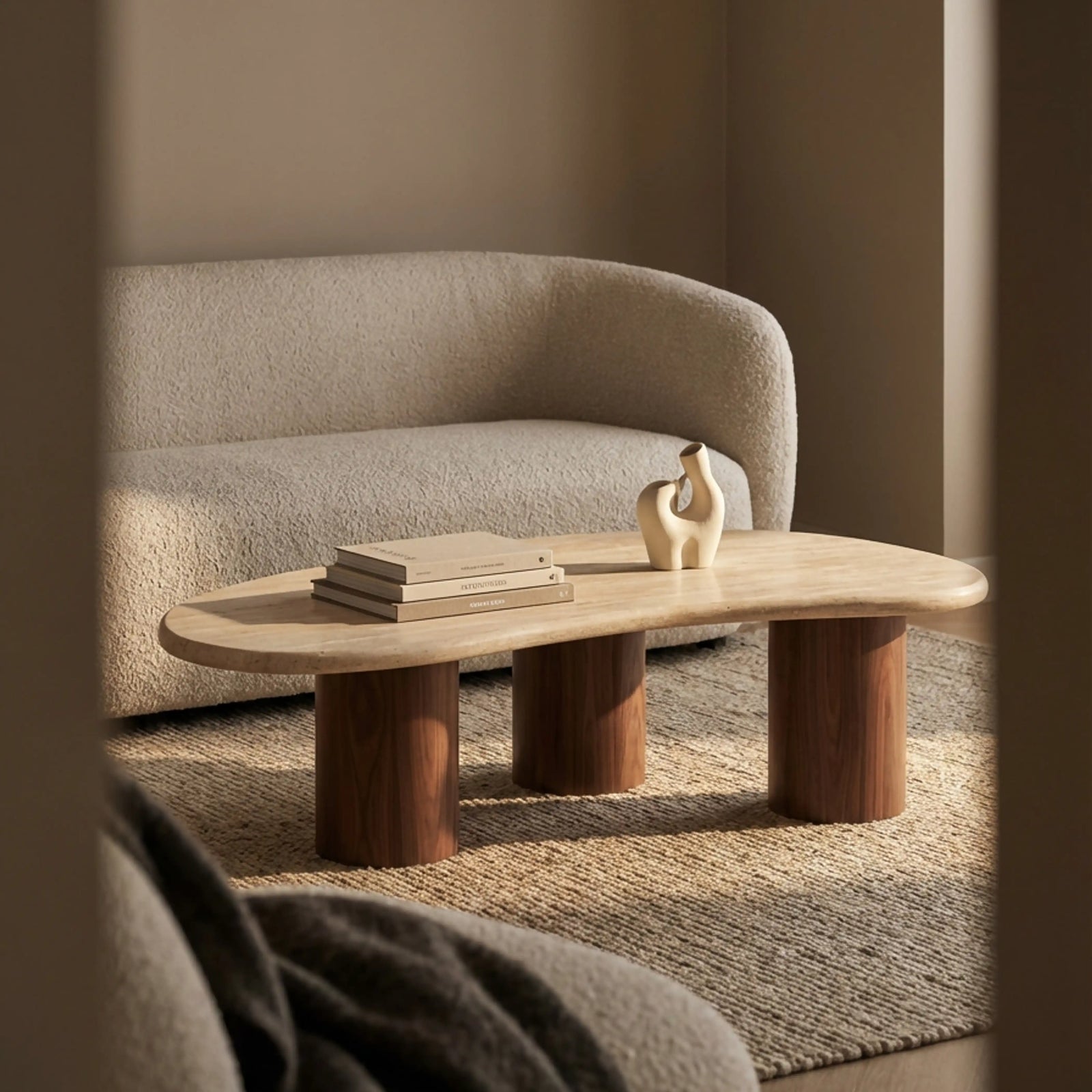 Brynleigh Curved Coffee Table | Natural Travertine Effect Stone & Walnut
