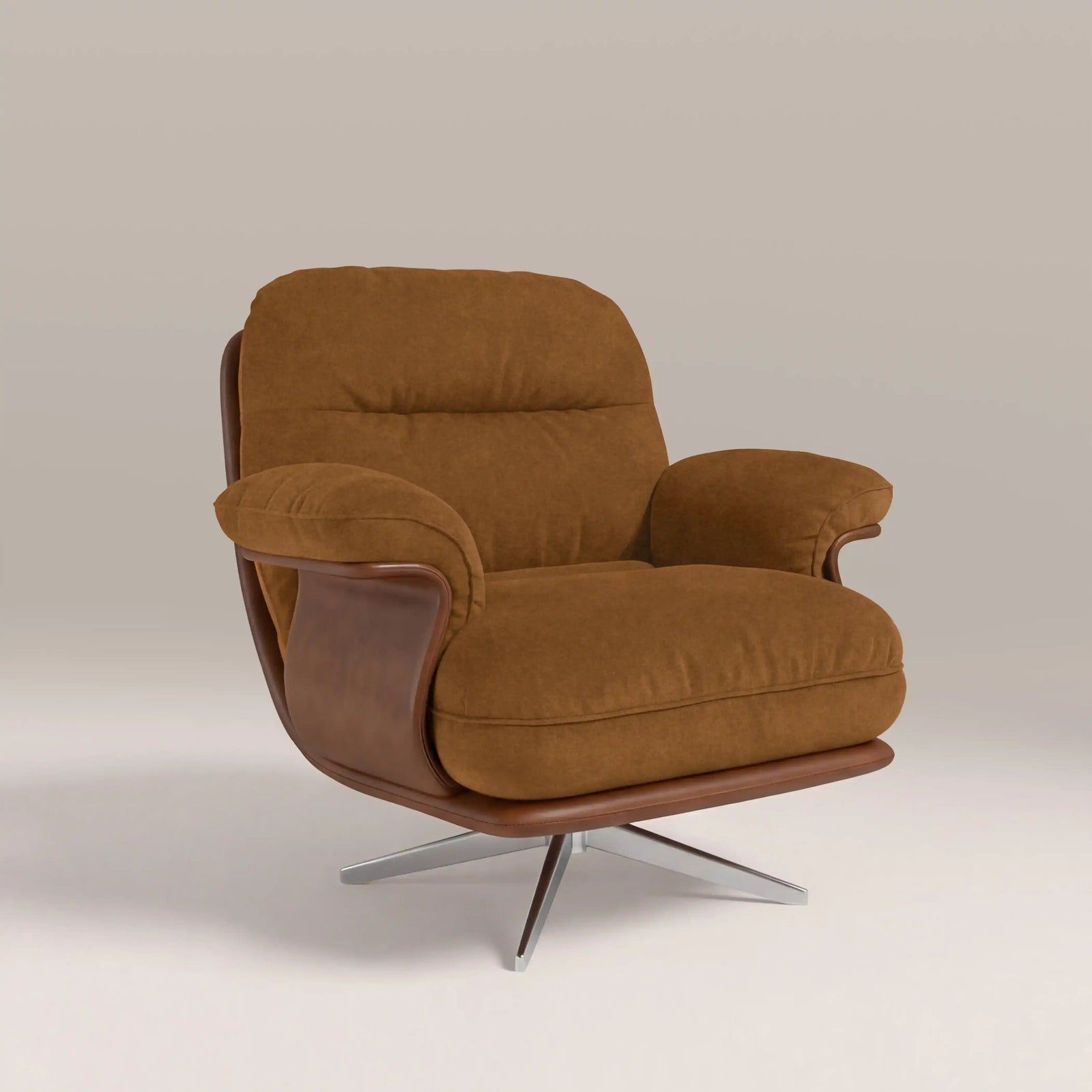 Elka Swivel Armchair | Caramel Brown Sustainable Mohair Velvet & Brushed Chrome