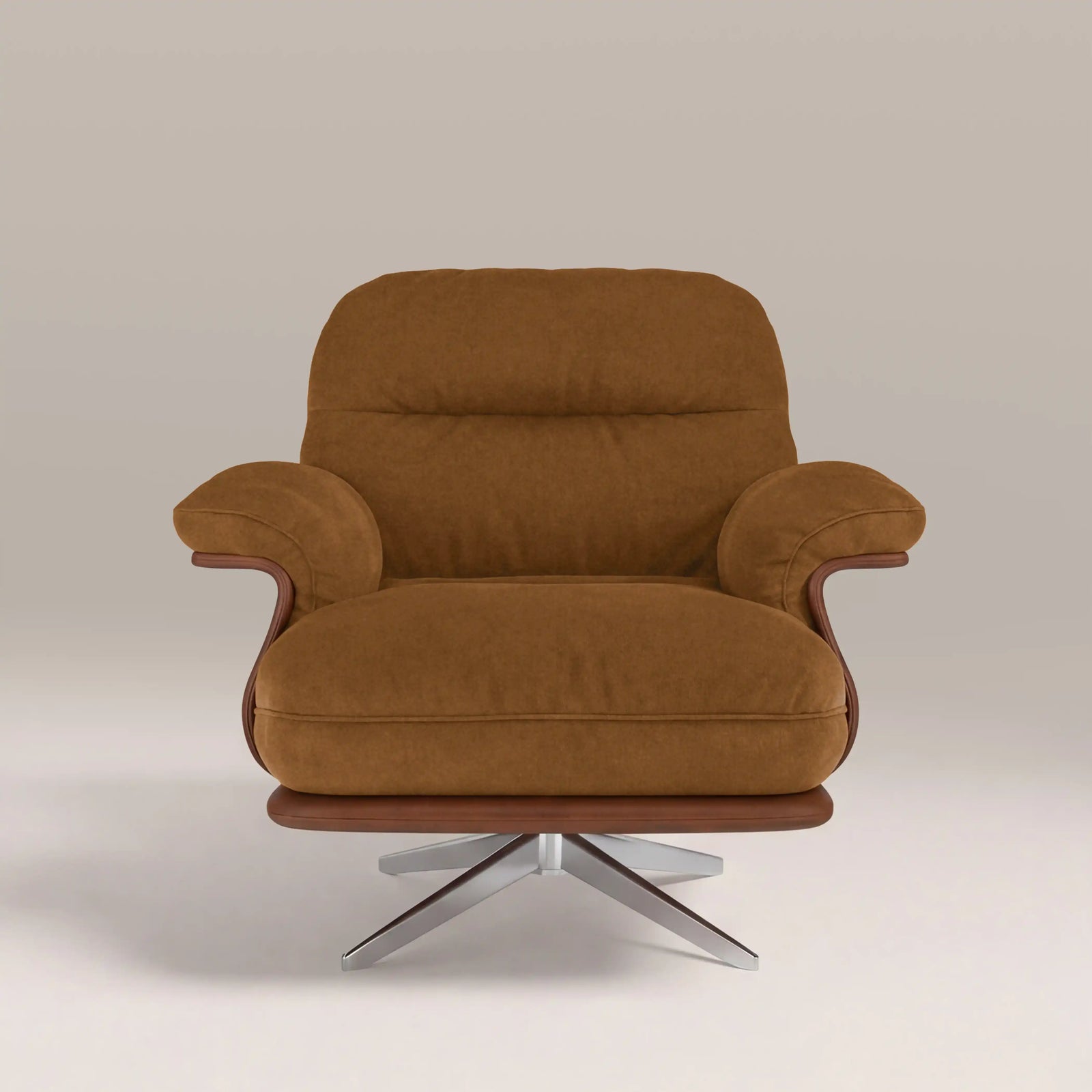 Elka Swivel Armchair | Caramel Brown Sustainable Mohair Velvet & Brushed Chrome