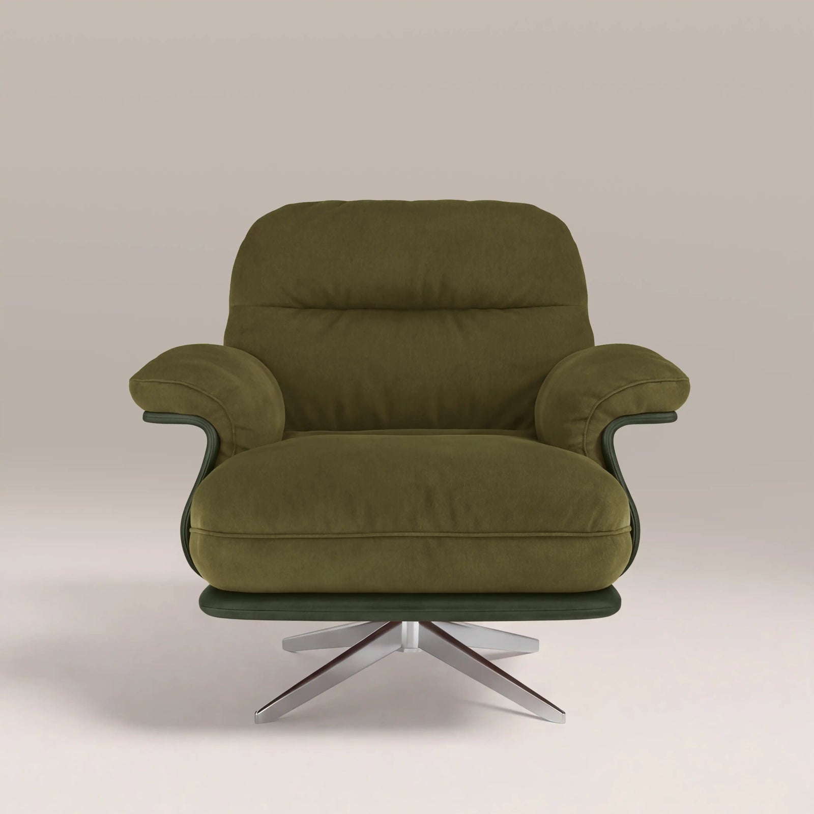 Elka Swivel Armchair | Moss Green Sustainable Mohair Velvet & Brushed Chrome