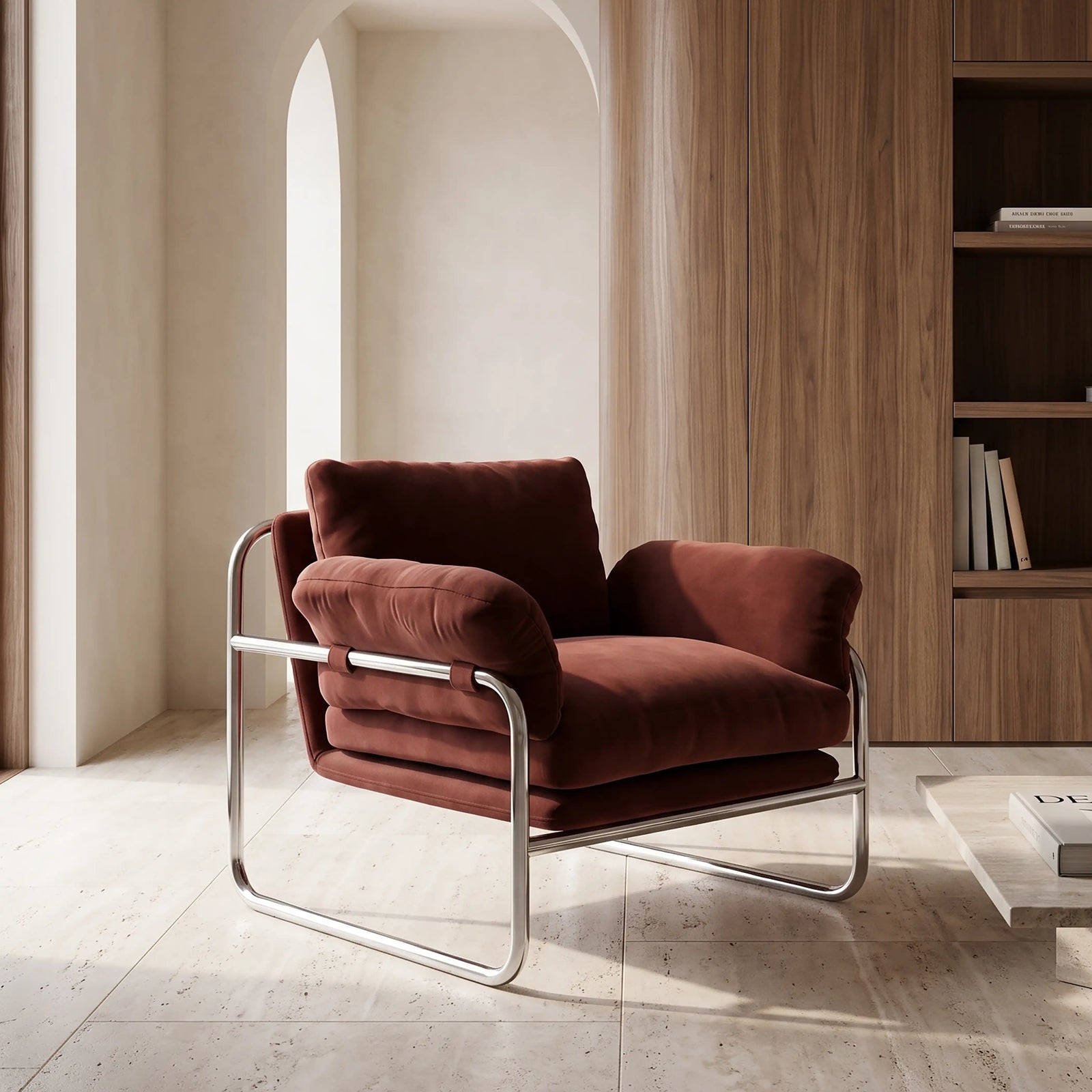Carson Armchair | Rust Red Sustainable Velvet & Chrome