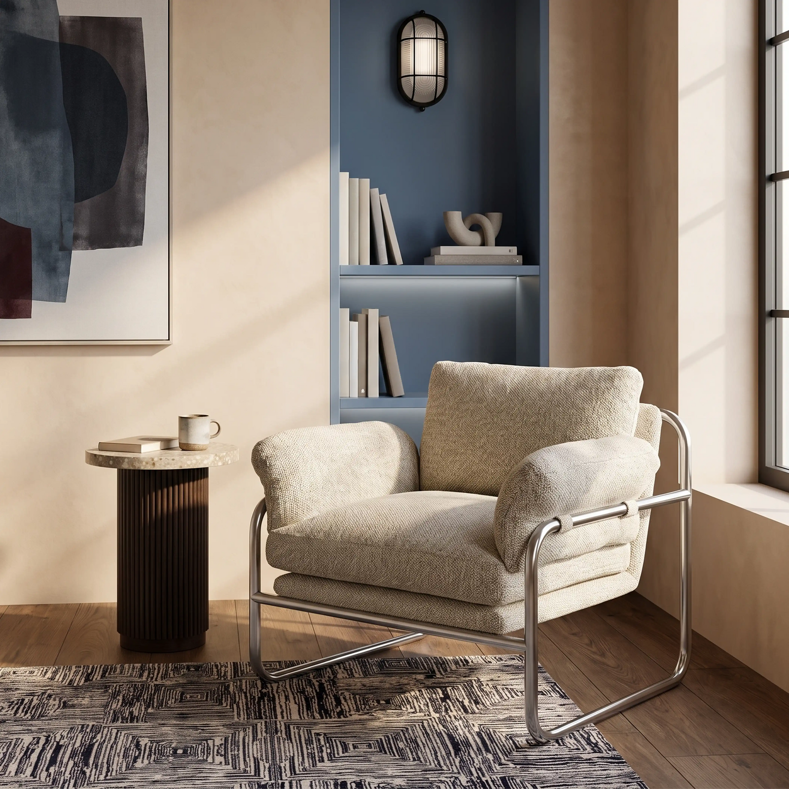 Carson Armchair | Speckled Stone Sustainable Boucle & Chrome