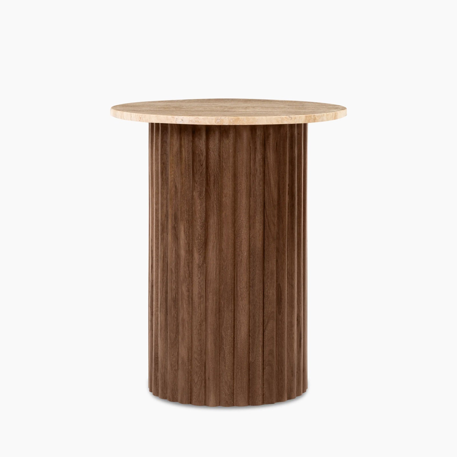 Medby Round Side Table | Natural Travertine & Walnut