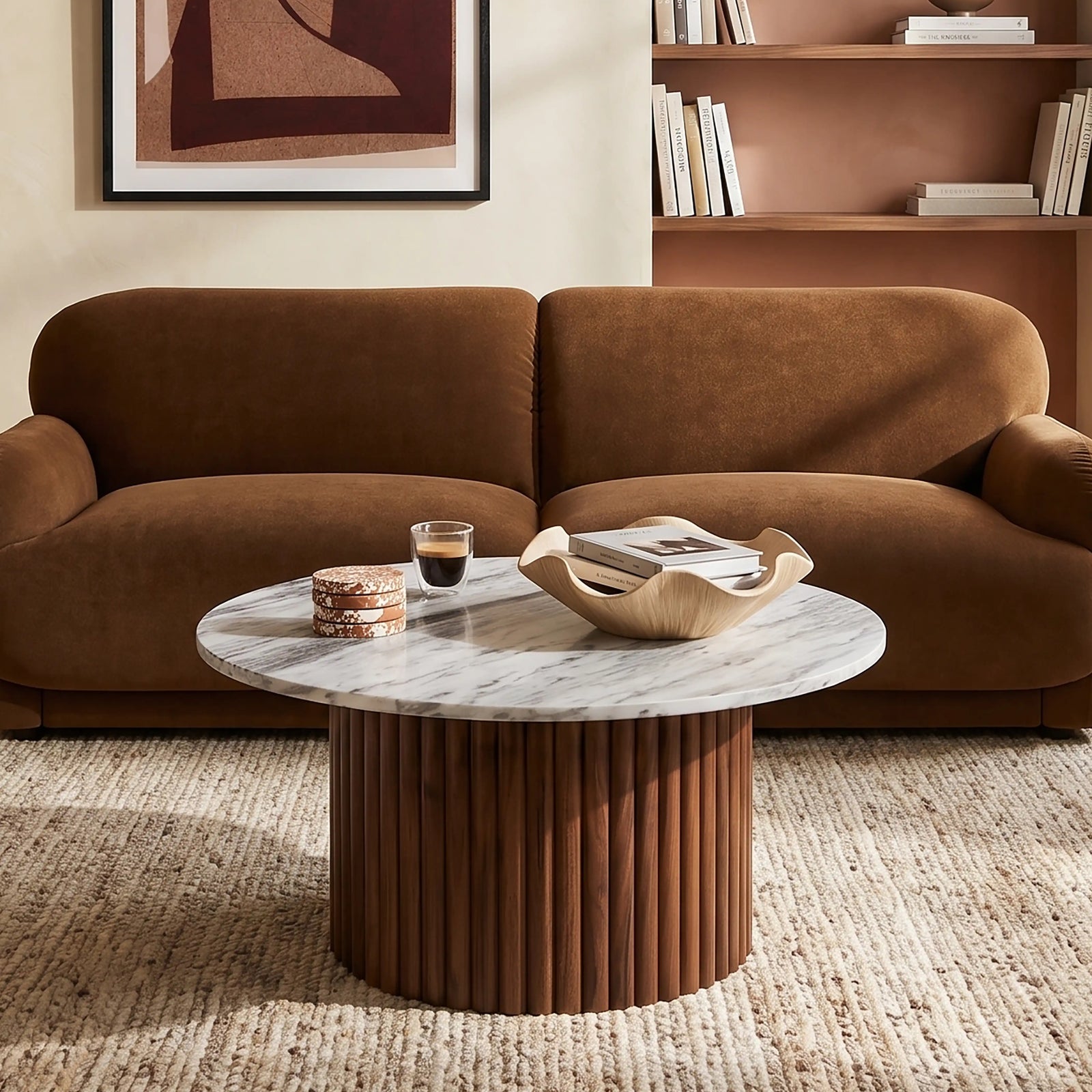 Medby Round Coffee Table | Grey Marble & Walnut