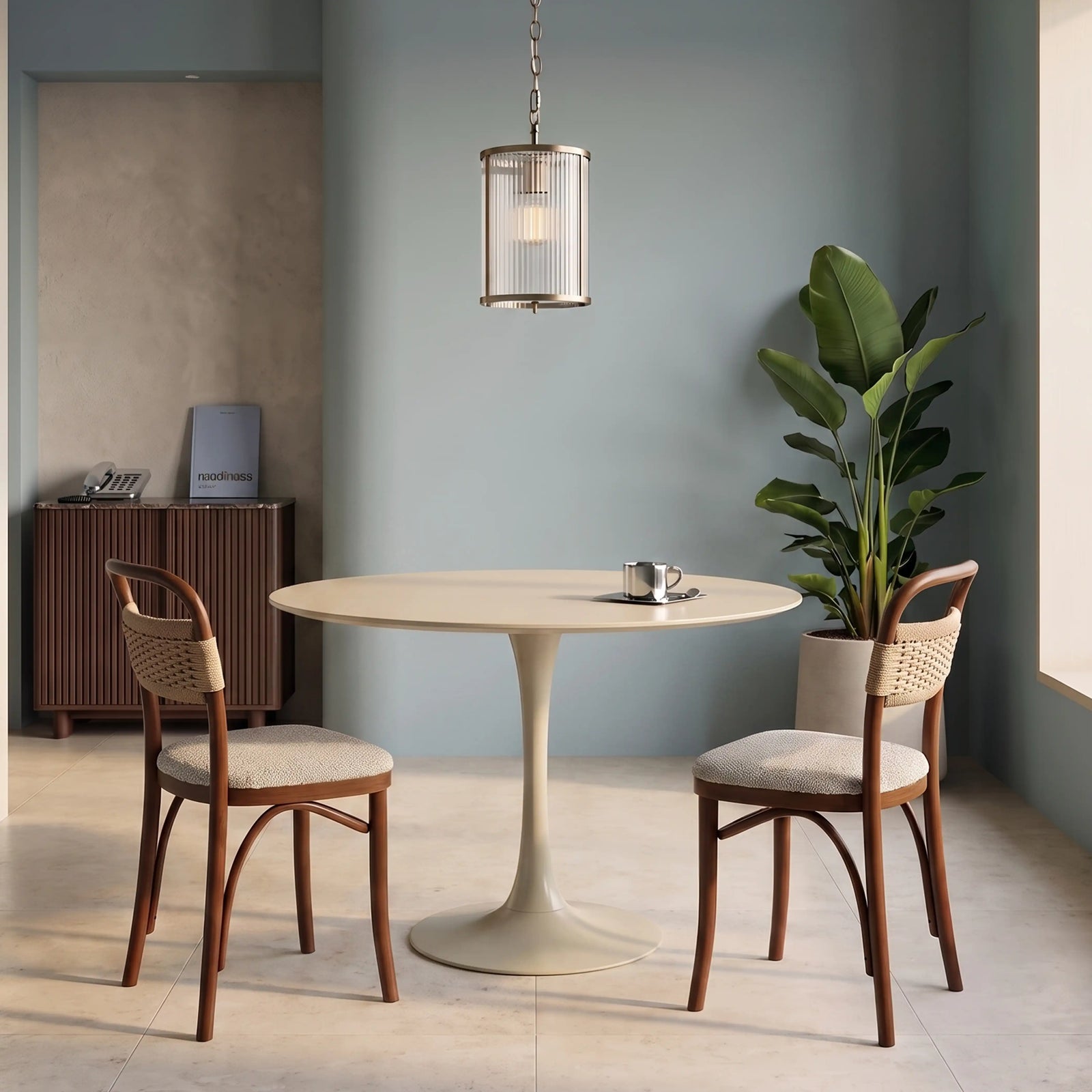 Byre 2 Seat Round Dining Table | Natural Travertine Effect Sintered Stone & Cream