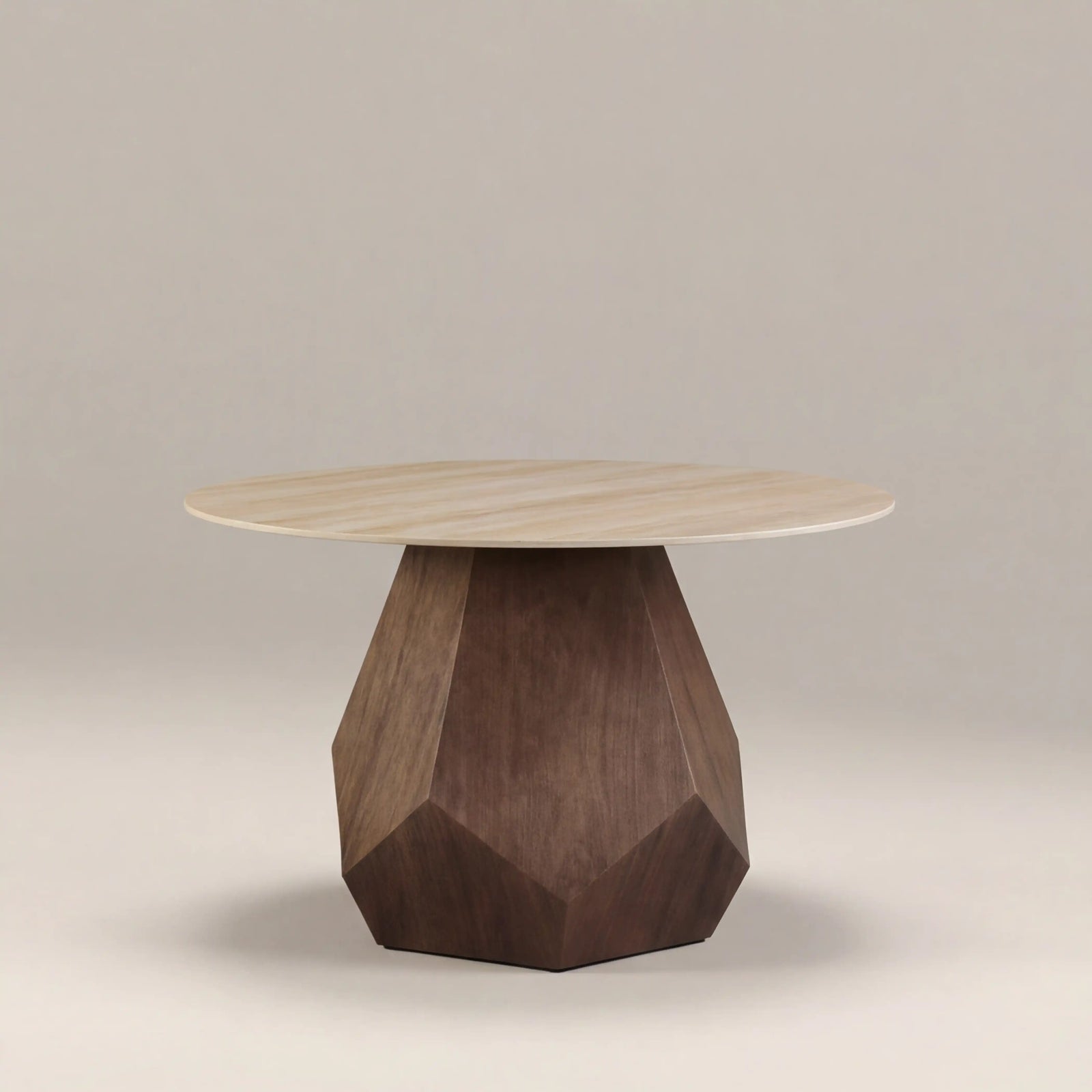 Lilian 4 Seat Round Dining Table | Natural Travertine Effect Sintered Stone & Walnut