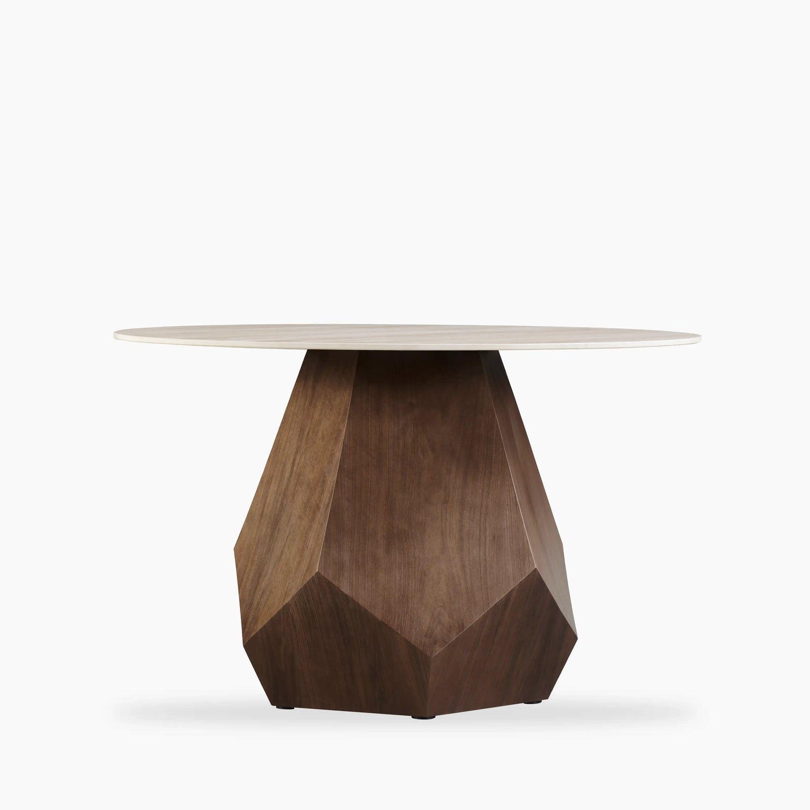 Lilian 4 Seat Round Dining Table | Natural Travertine Effect Sintered Stone & Walnut