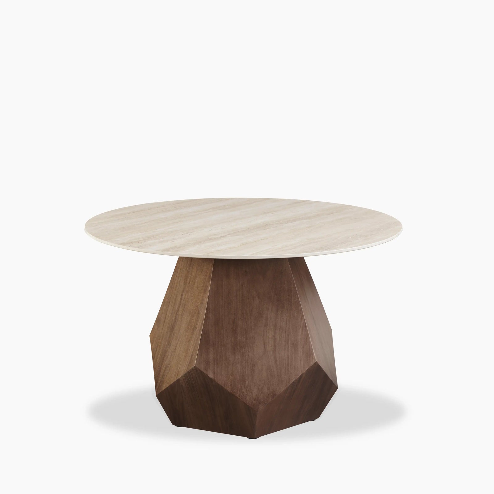 Lilian 4 Seat Round Dining Table | Natural Travertine Effect Sintered Stone & Walnut