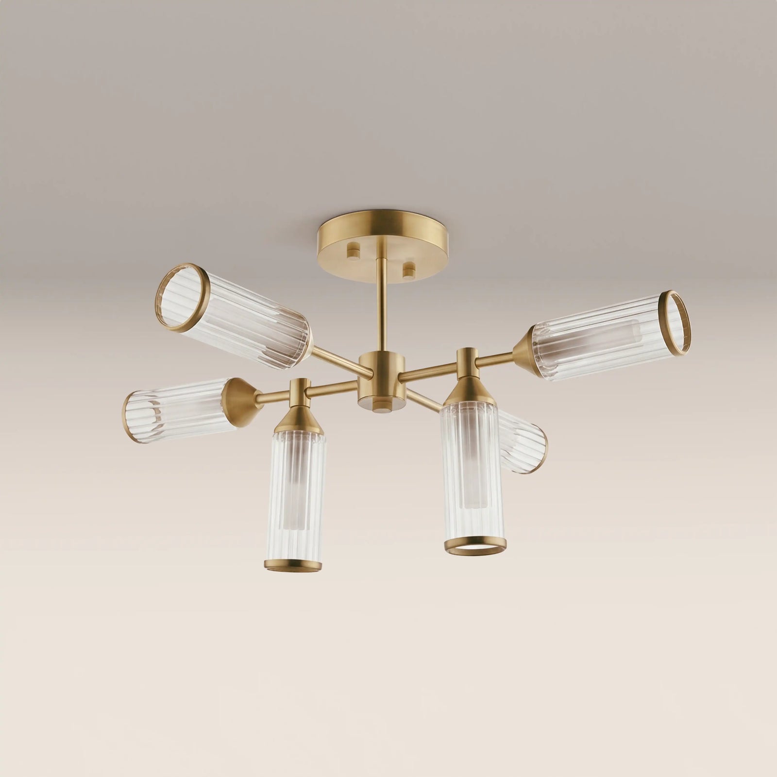 Aster 6 Light Flush Ceiling Light | Ribbed Glass & Brass