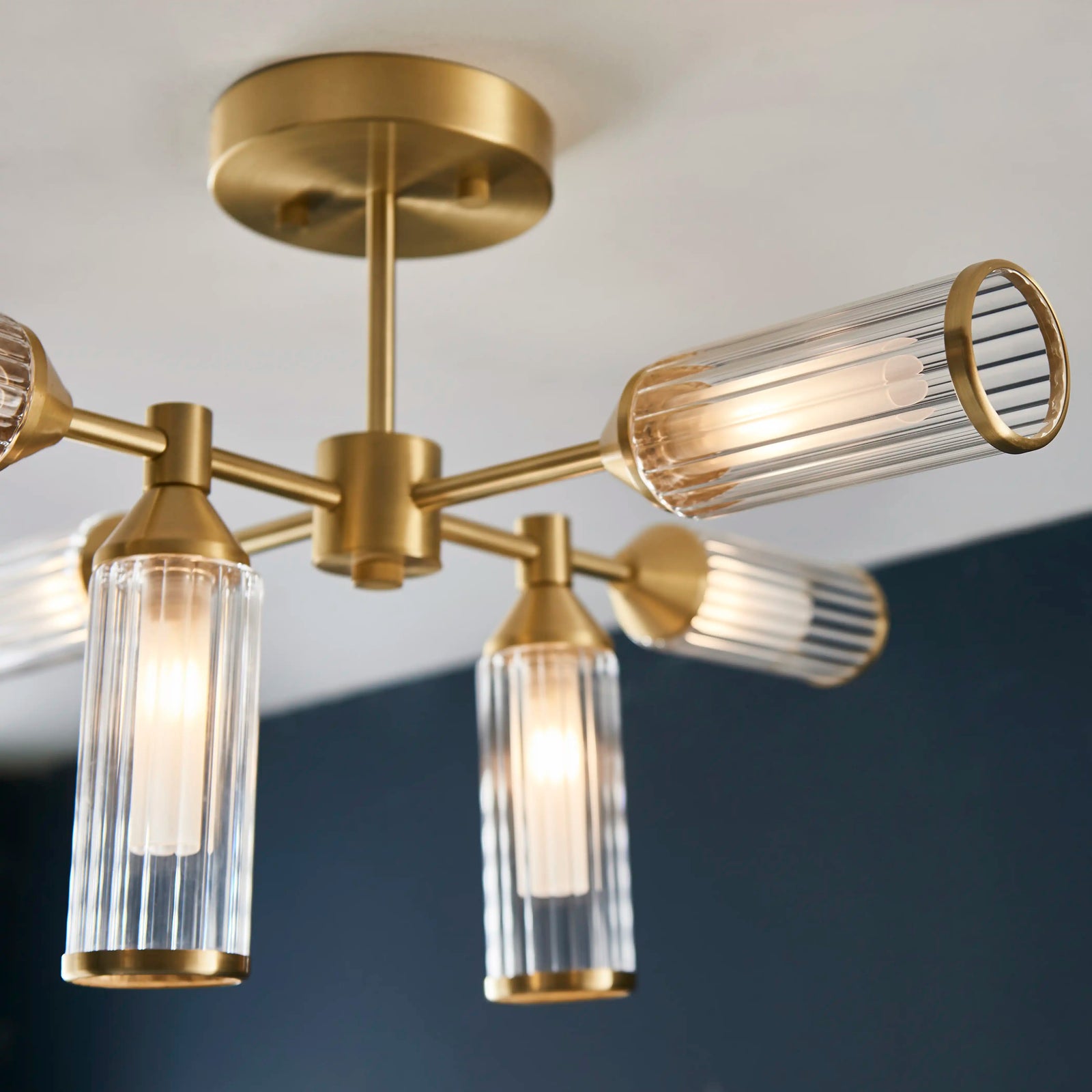 Aster 6 Light Flush Ceiling Light | Ribbed Glass & Brass