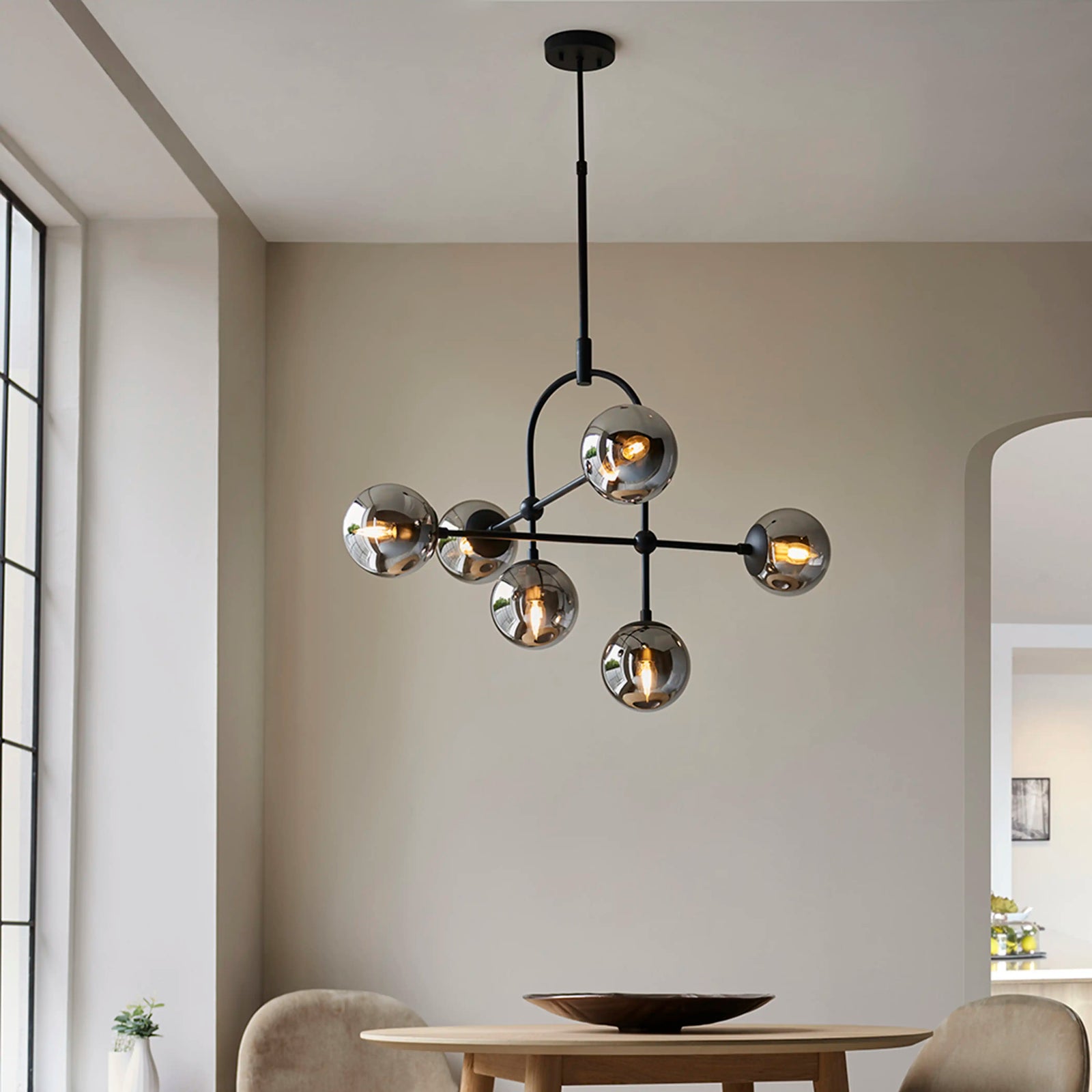 Niamh 6 Light Pendant Light | Smokey Grey Glass & Black