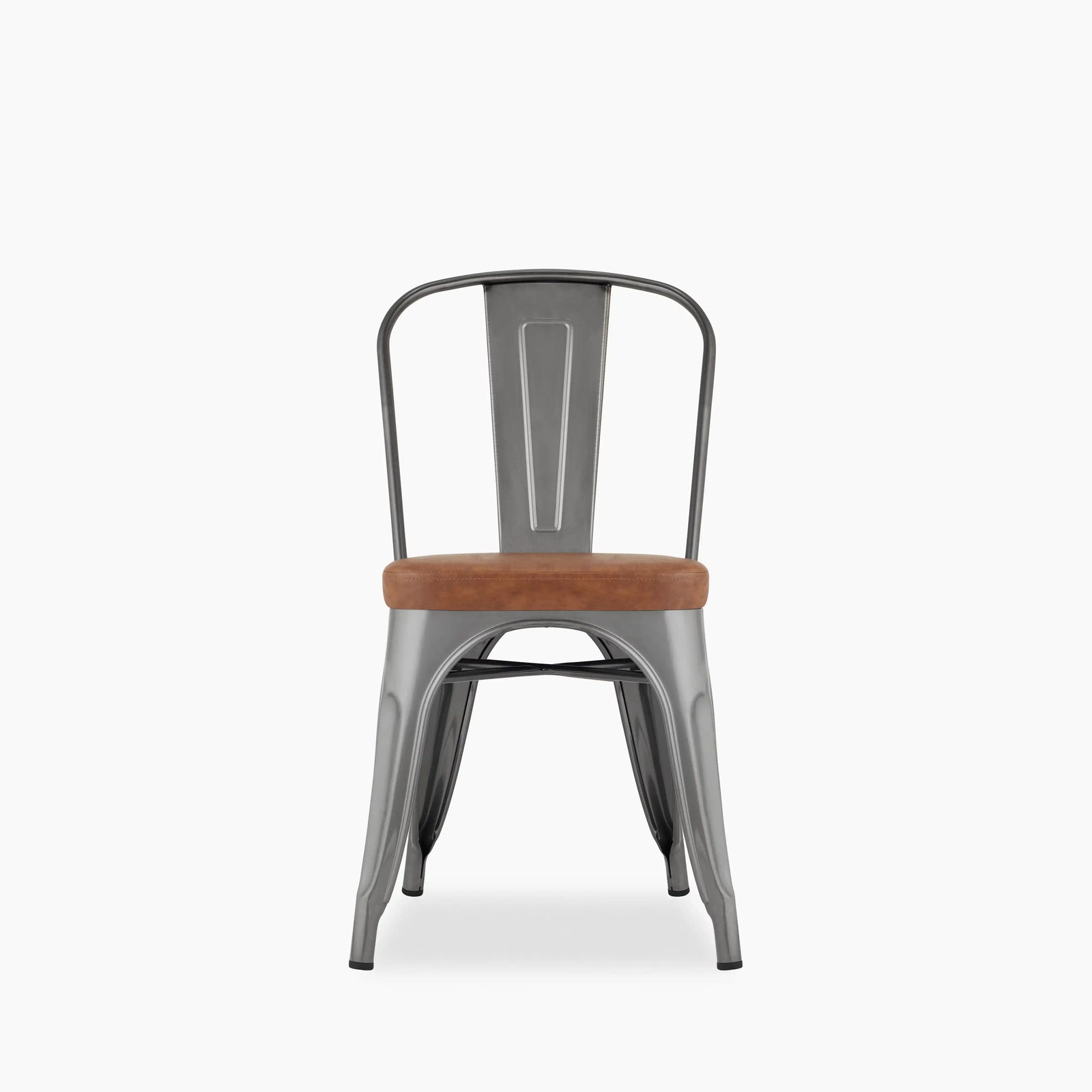 Tolix Style Stackable Dining Chair | Tan Faux Leather & Gunmetal