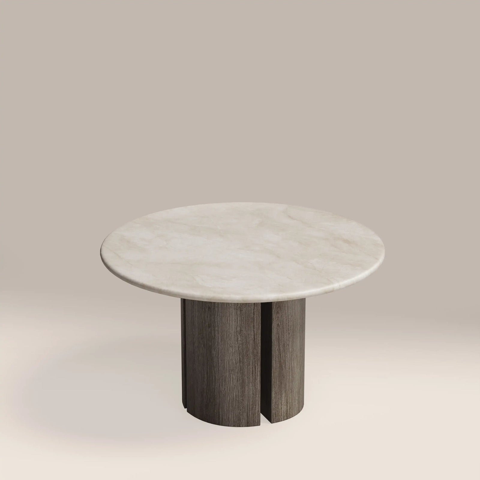 Maui 4 Seat Round Dining Table | White Honed Marble Effect Stone & Smoked Grey Oak