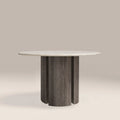 Maui 4 Seat Round Dining Table | White Honed Marble Effect Stone & Smoked Grey Oak