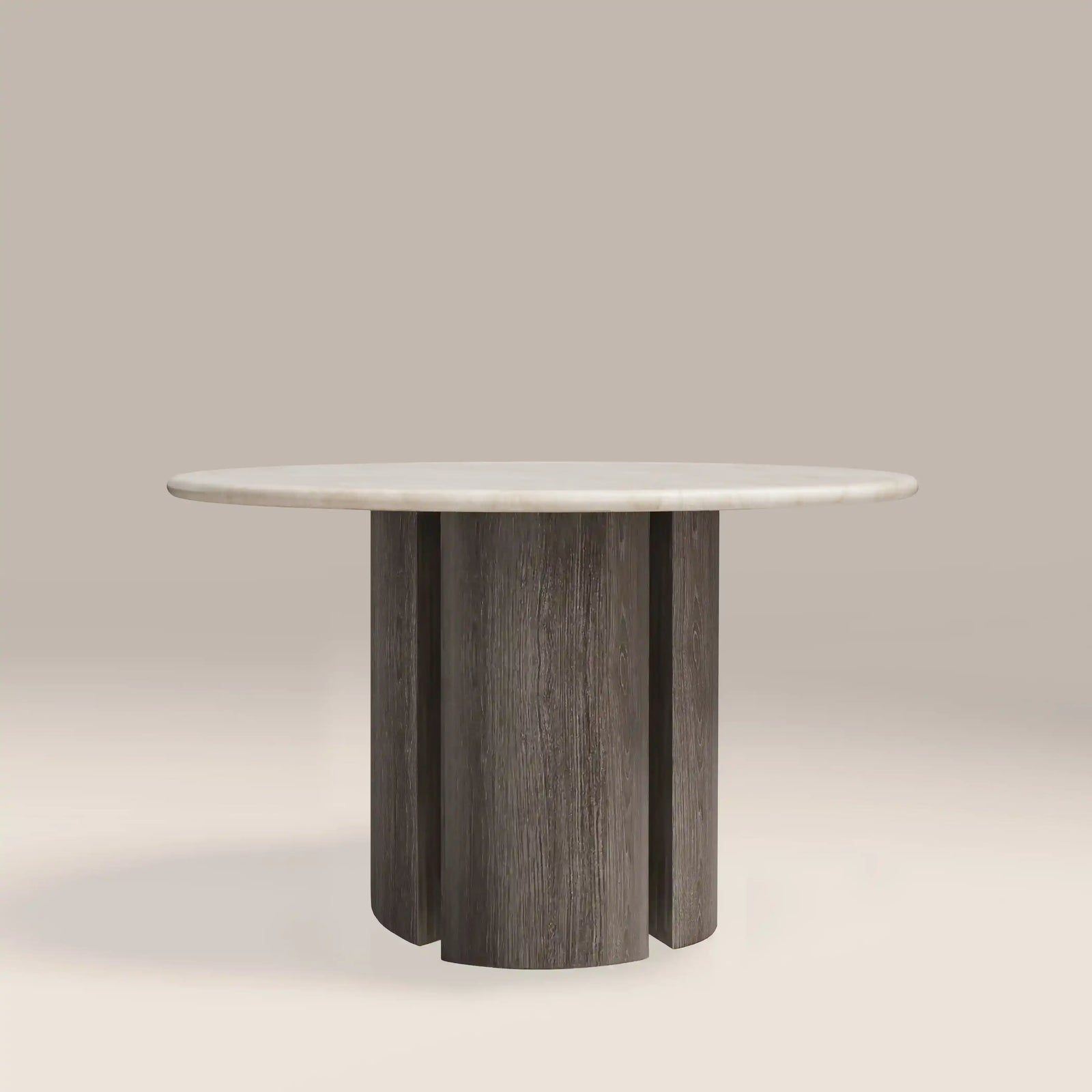 Maui 4 Seat Round Dining Table | White Honed Marble Effect Stone & Smoked Grey Oak