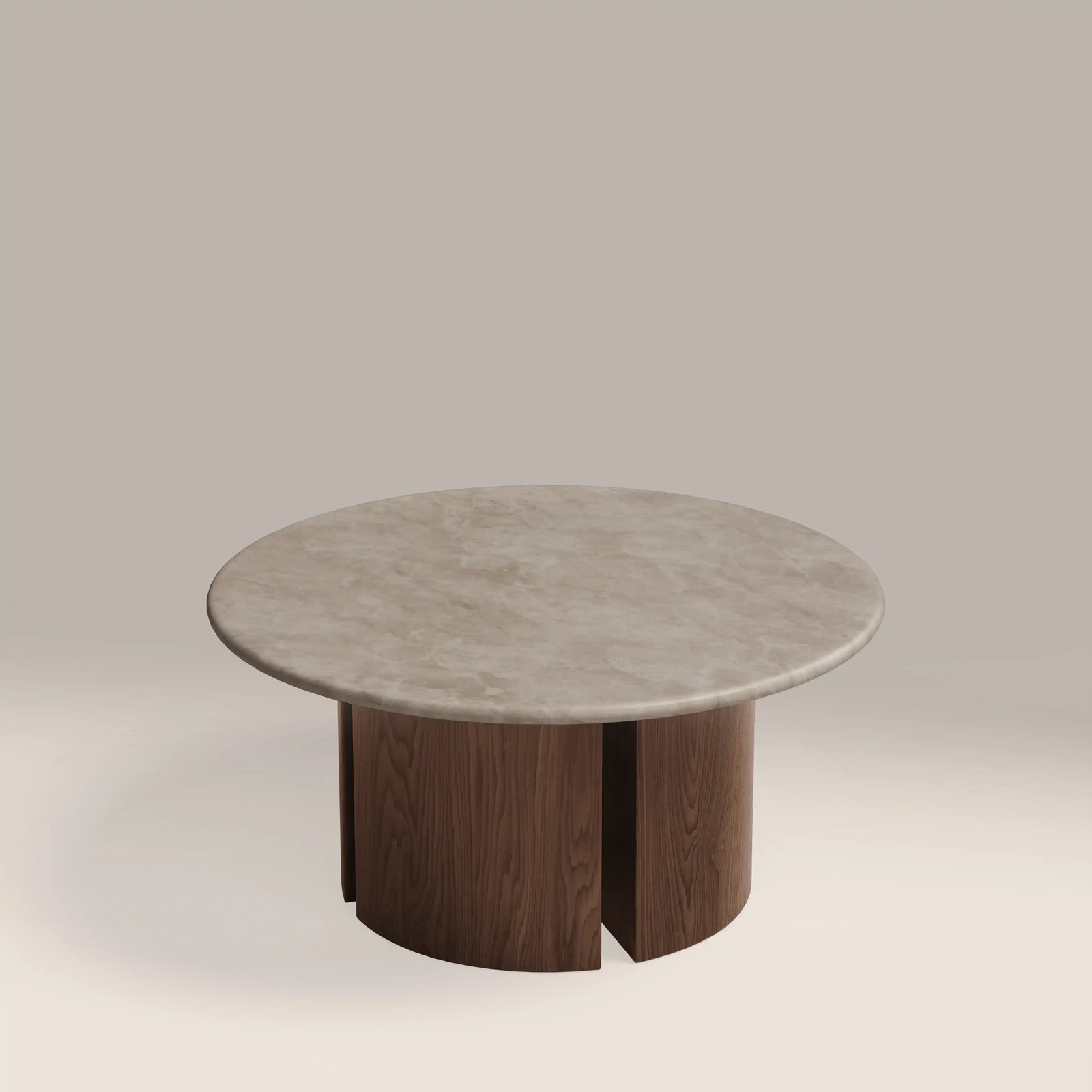 Maui Round Coffee Table | Grey Honed Marble Effect Stone & Walnut