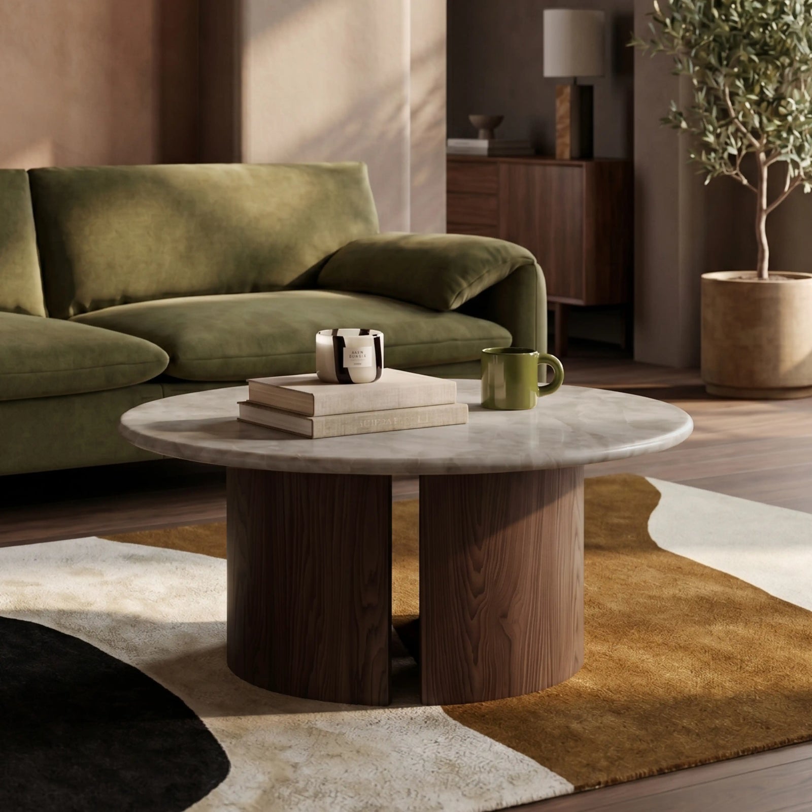 Maui Round Coffee Table | Grey Honed Marble Effect Stone & Walnut