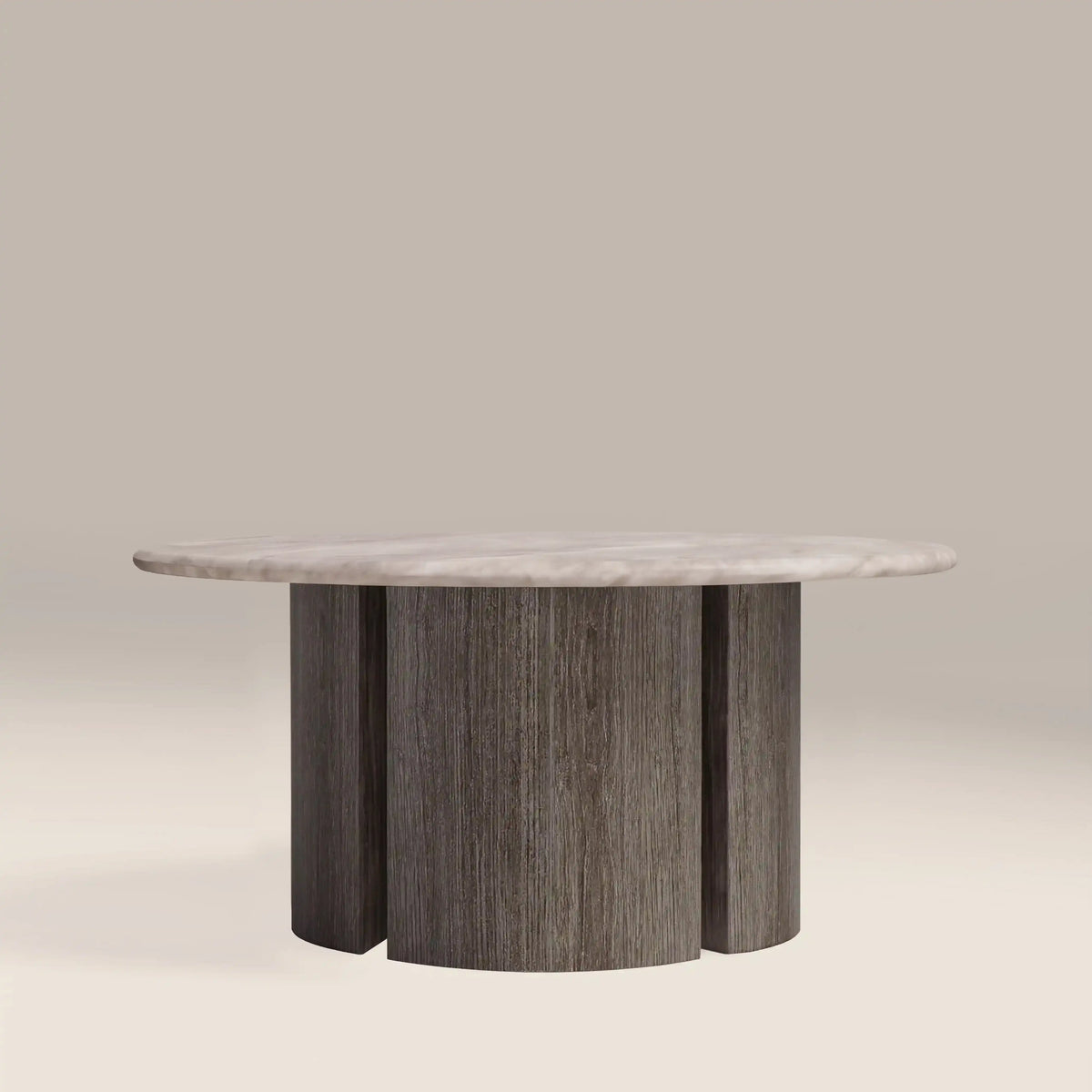 Maui Round Coffee Table | White Honed Marble Effect Stone & Smoked Grey Oak