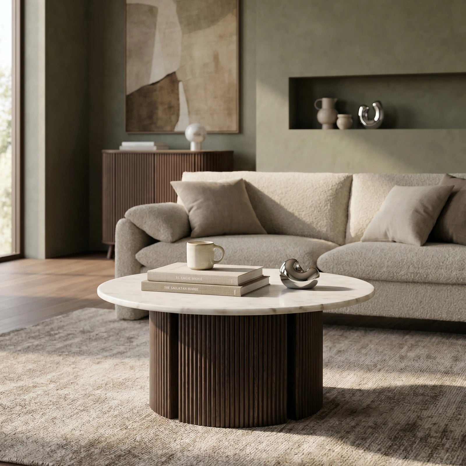 Maui Round Coffee Table | White Honed Marble Effect Stone & Smoked Grey Oak