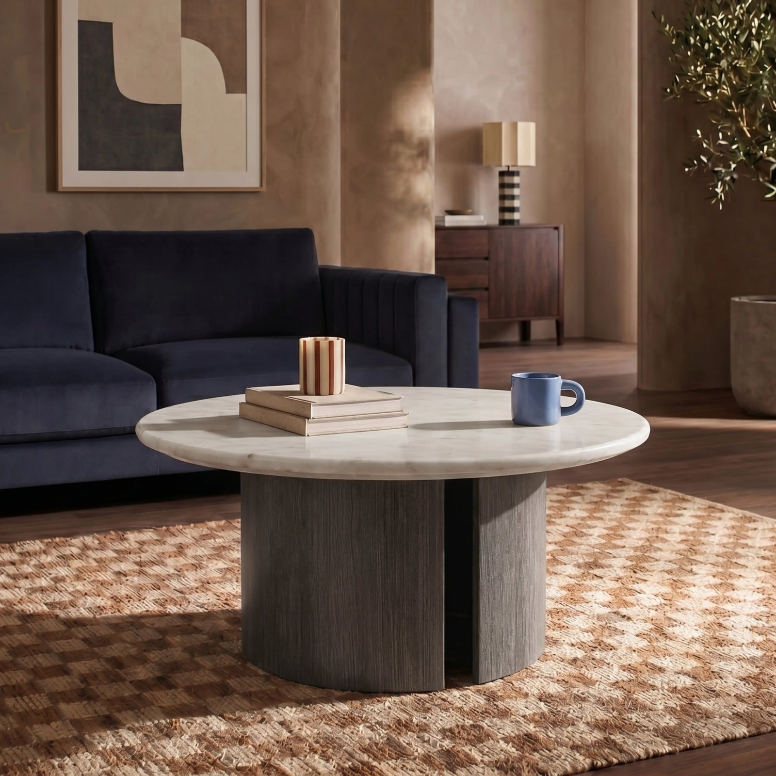 Maui Round Coffee Table | White Honed Marble Effect Stone & Smoked Grey Oak