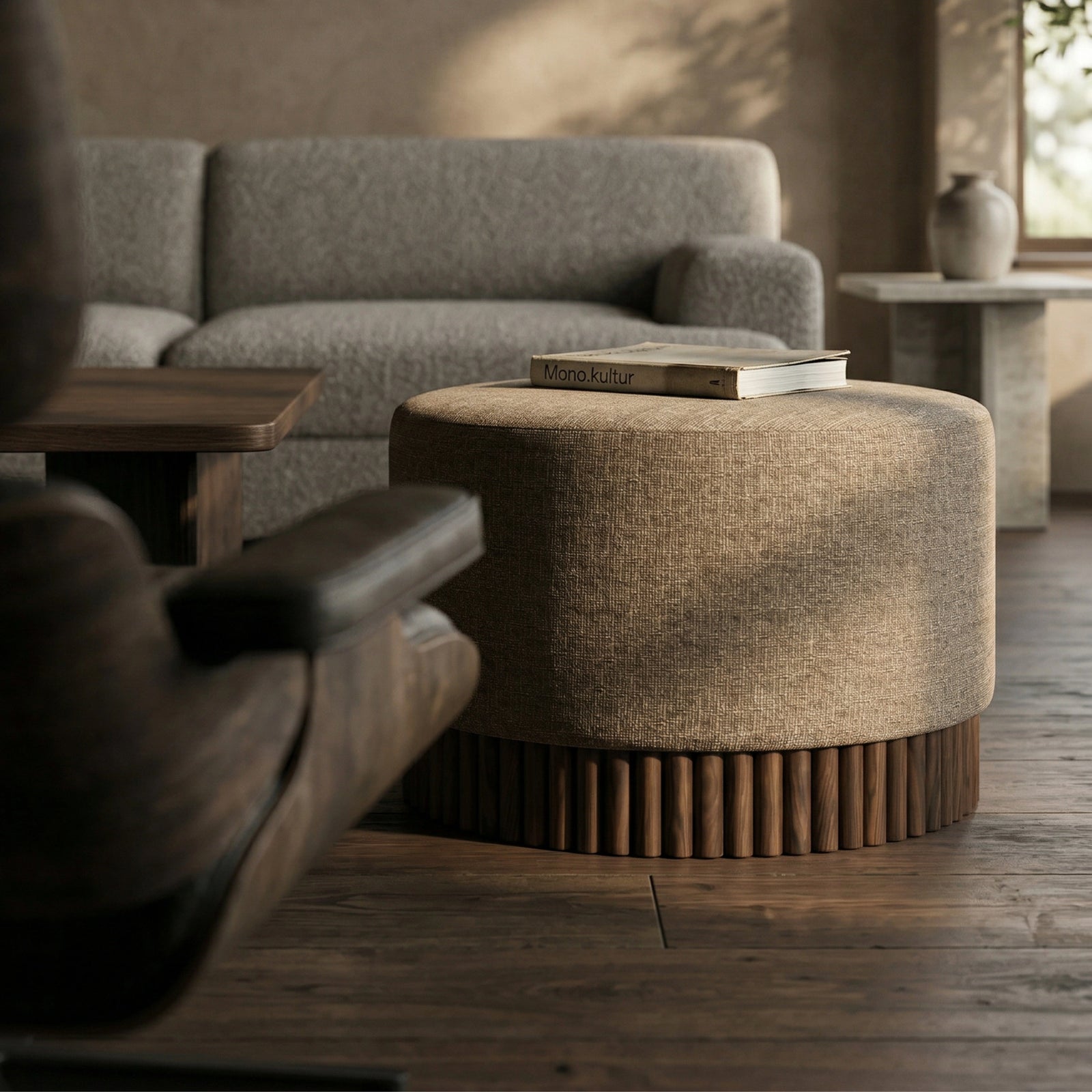 Oberon Footstool | Speckled Cappuccino Boucle & Walnut