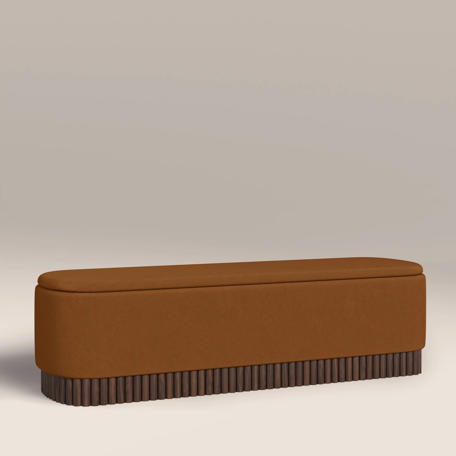 Oberon Storage Ottoman | Caramel Sustainable Mohair Velvet & Walnut