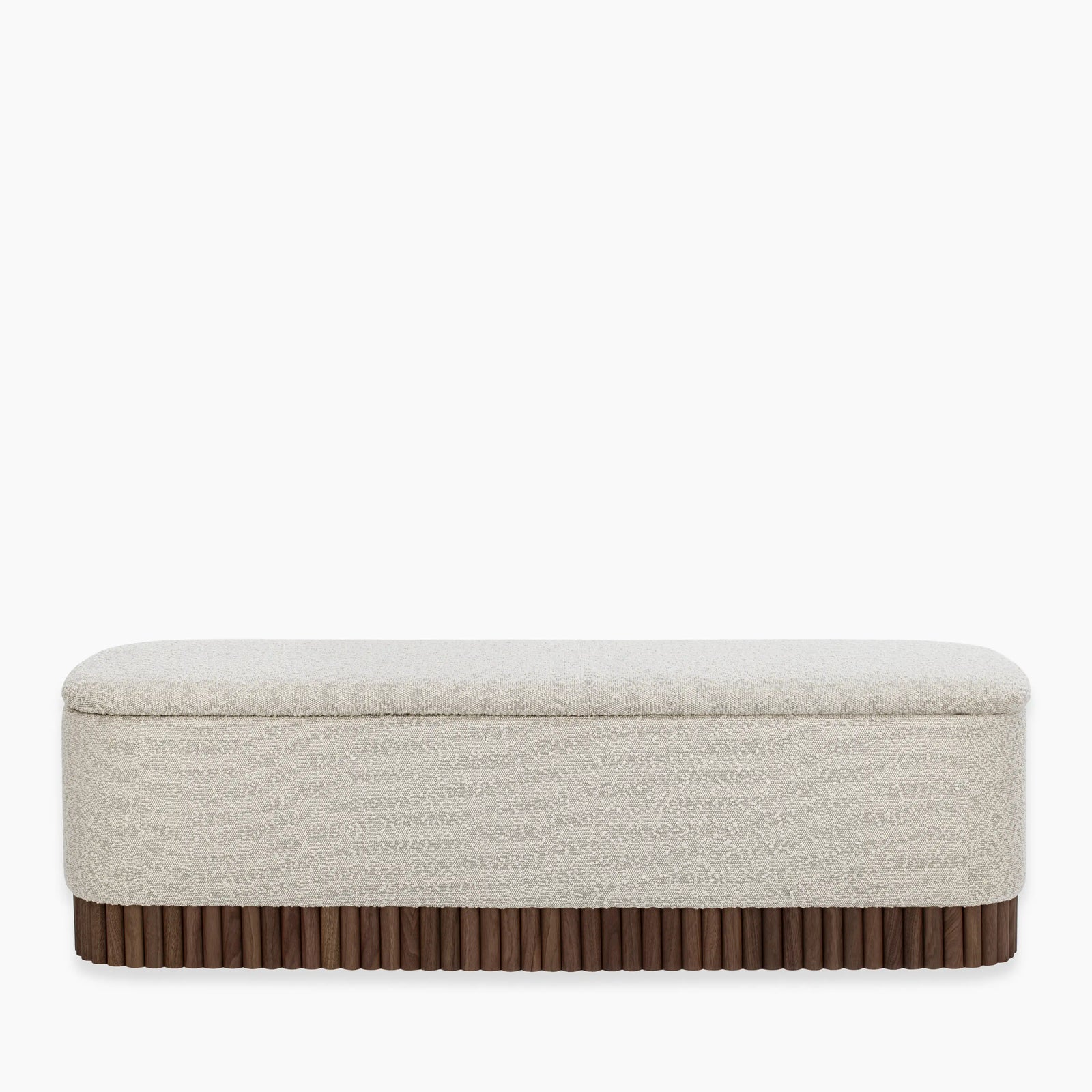 Oberon Storage Ottoman | Speckled Stone Sustainable Boucle & Walnut