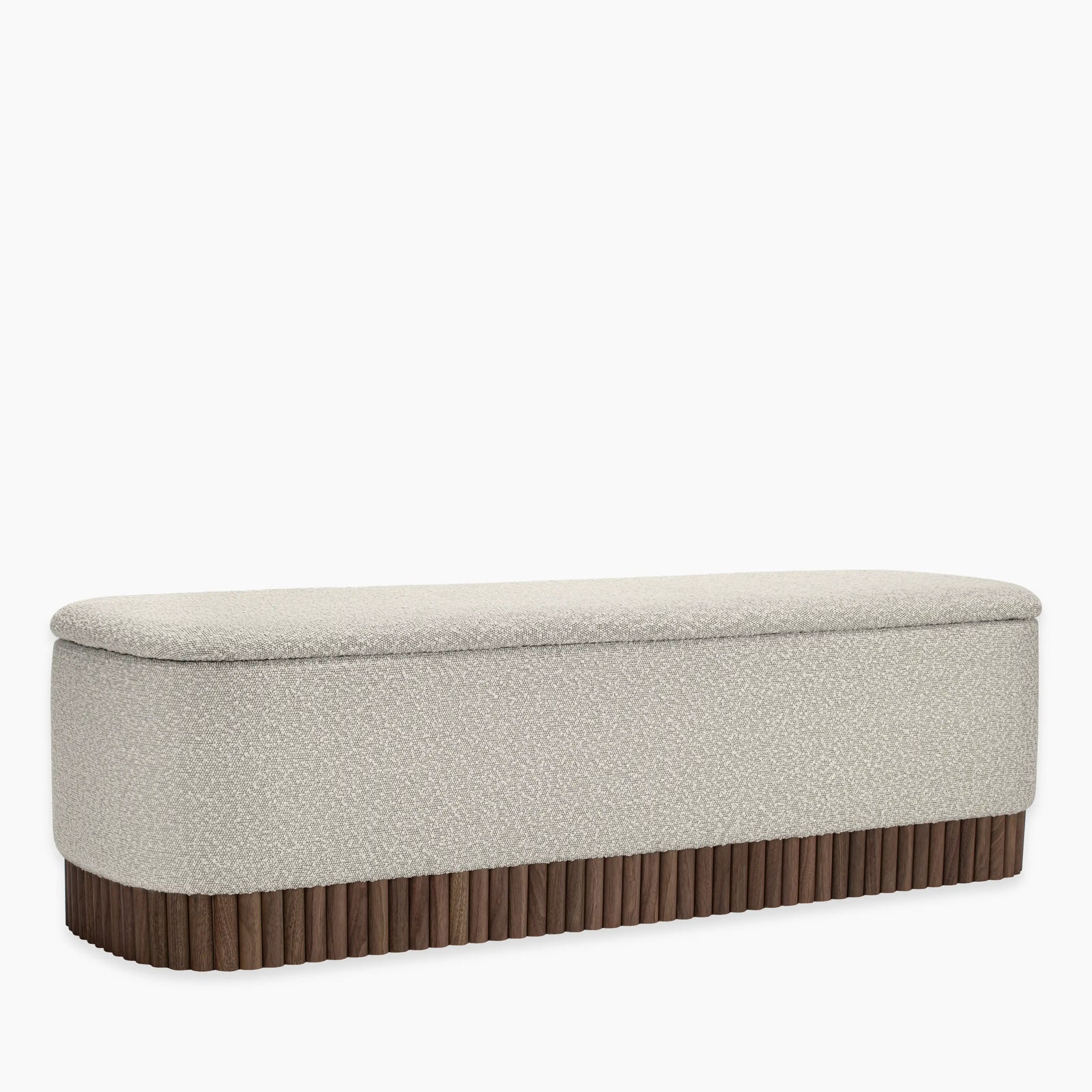 Oberon Storage Ottoman | Speckled Stone Sustainable Boucle & Walnut
