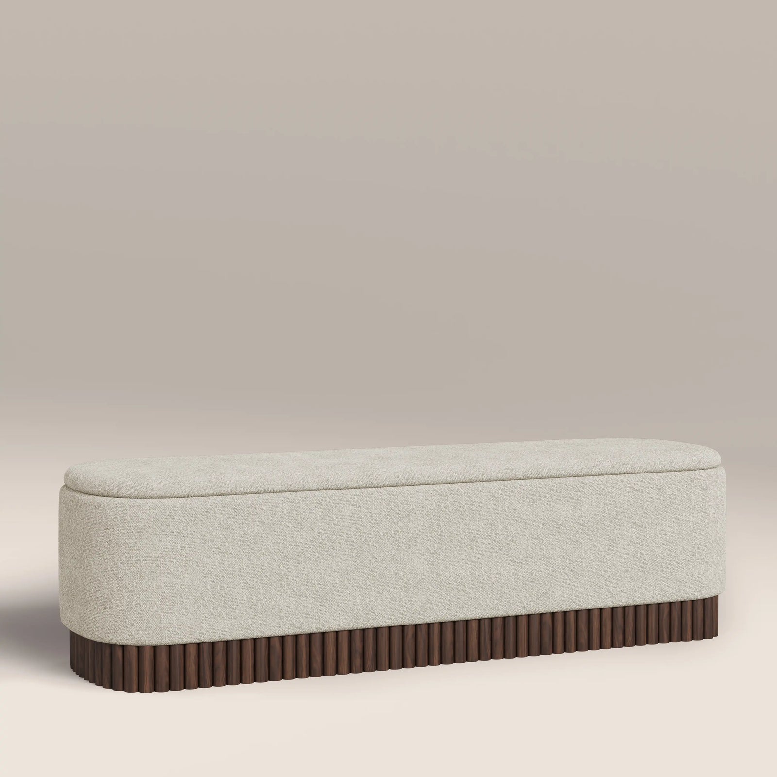 Oberon Storage Ottoman | Speckled Stone Sustainable Boucle & Walnut