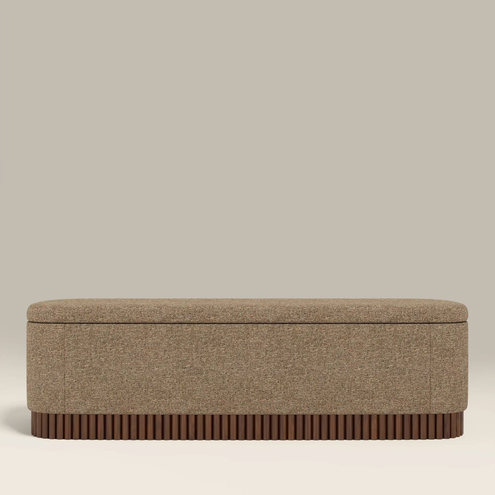 Oberon Storage Ottoman | Speckled Cappuccino Boucle & Walnut