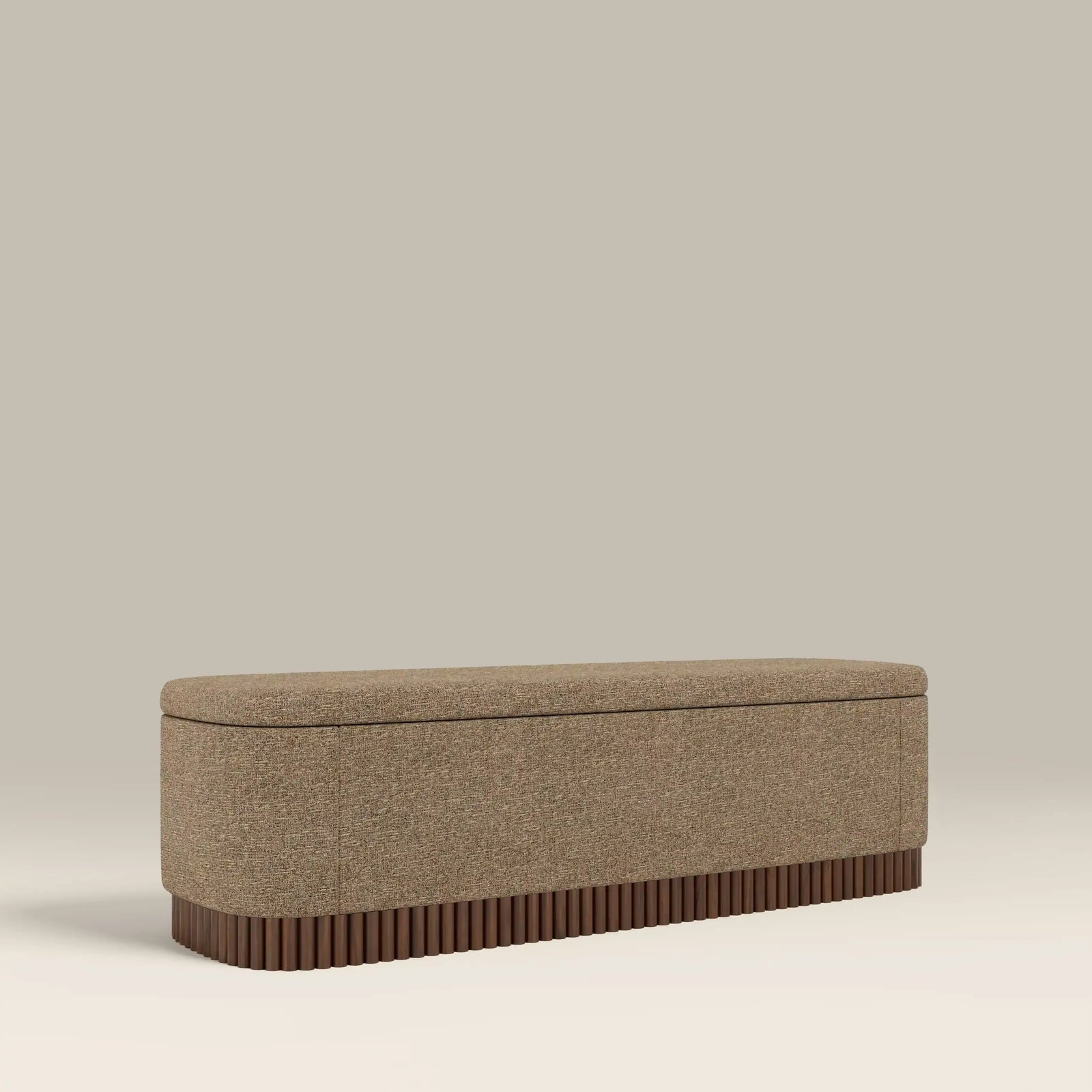 Oberon Storage Ottoman | Speckled Cappuccino Boucle & Walnut