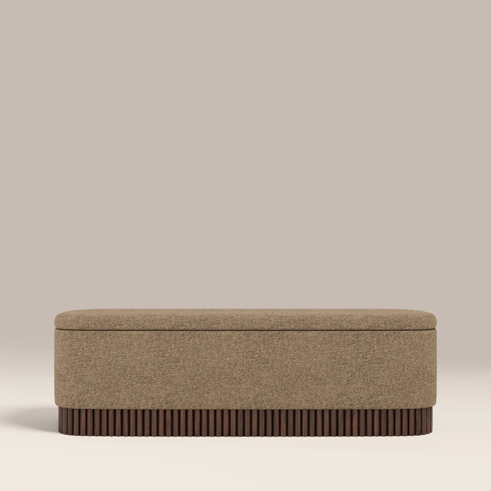 Oberon Storage Ottoman | Speckled Cappuccino Boucle & Walnut